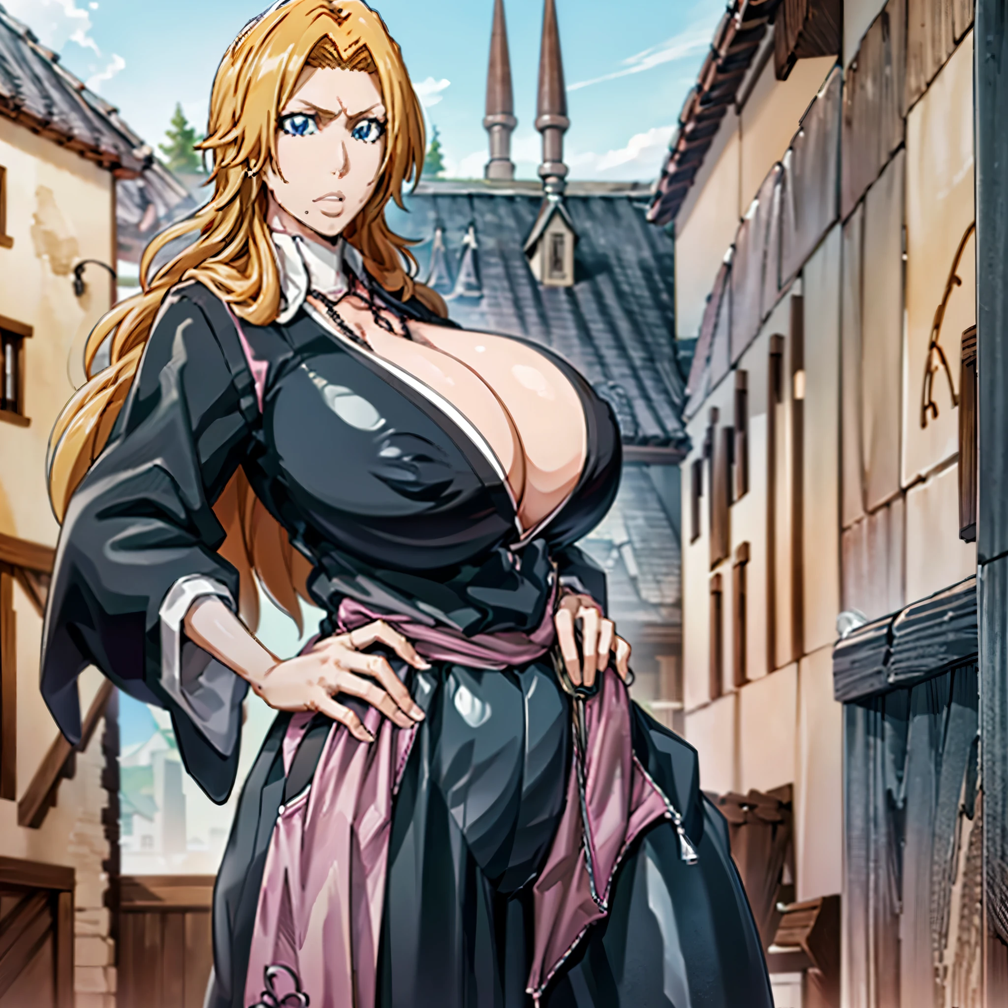 master piece, high quality,
perfect human structure, perfect hand structure, perfect finger structure,
1girl, solo,
perfect body, large breasts,
blond hair, long hair,
blue eyes, looking at viewer,
black kimono, breasts cleavage,
ring necklace
one hand on hip,
cowboy shot,
out door, (huge-tits:1.6), Erect nipples, exposed breasts 