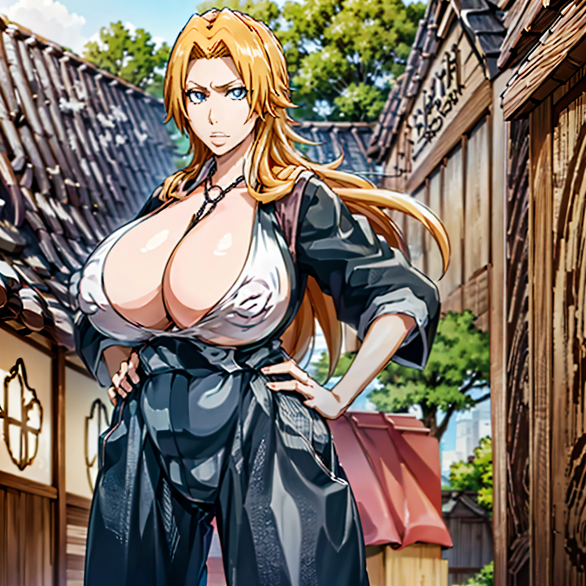 master piece, high quality,
perfect human structure, perfect hand structure, perfect finger structure,
1girl, solo,
perfect body, large breasts,
blond hair, long hair,
blue eyes, looking at viewer,
black kimono, breasts cleavage,
ring necklace
one hand on hip,
cowboy shot,
out door, (huge-tits:1.6), Erect nipples, exposed breasts 