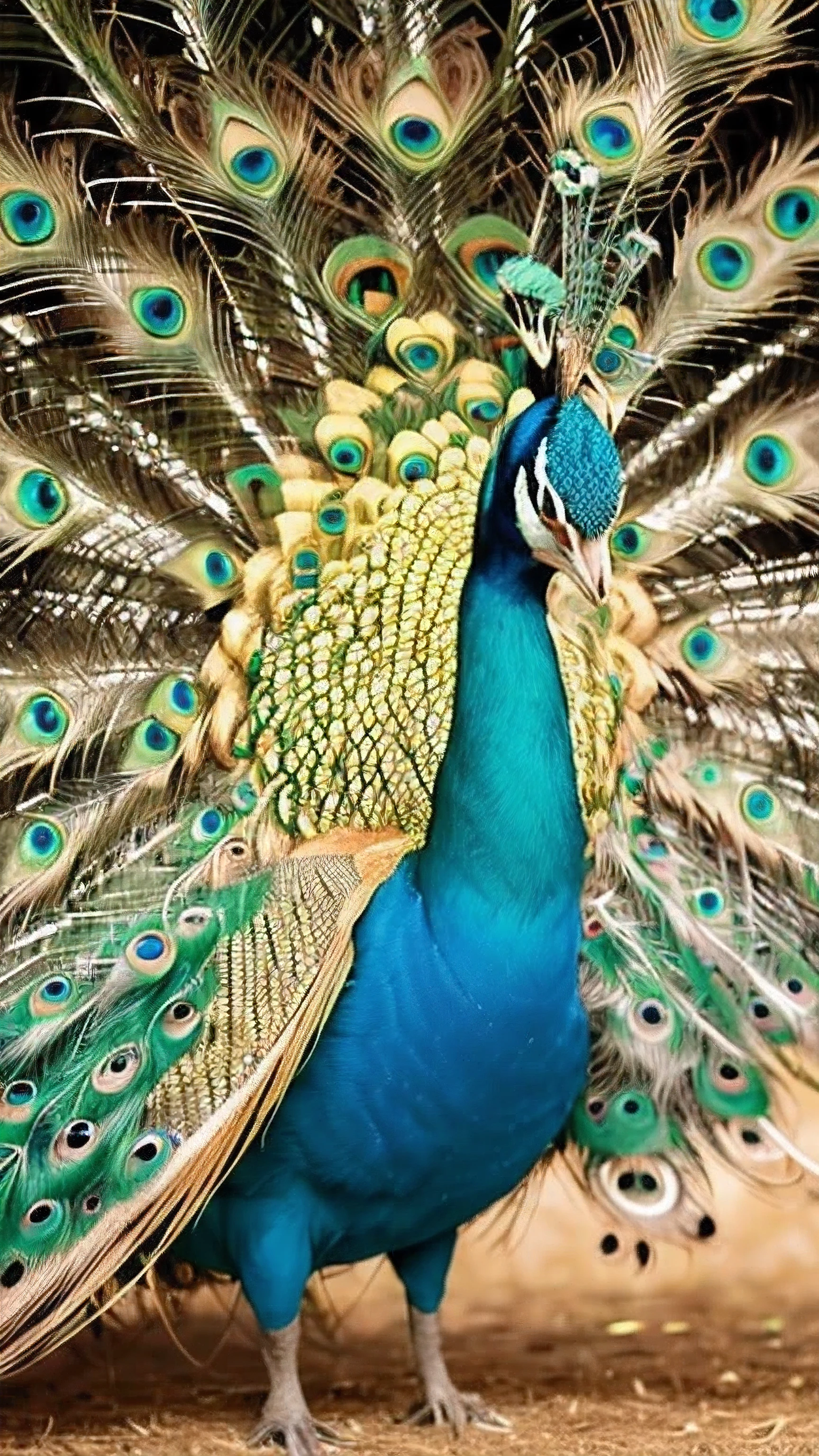 masterpiece, best quality, 8k, 4k, golden peacock, one peacock, ((Golden peacock)), Shining background, spread your wings, ((center of photo)), ((center)), front, Luminous background, See here, blue sky, bright background in the forest, frontal face, middle of photo