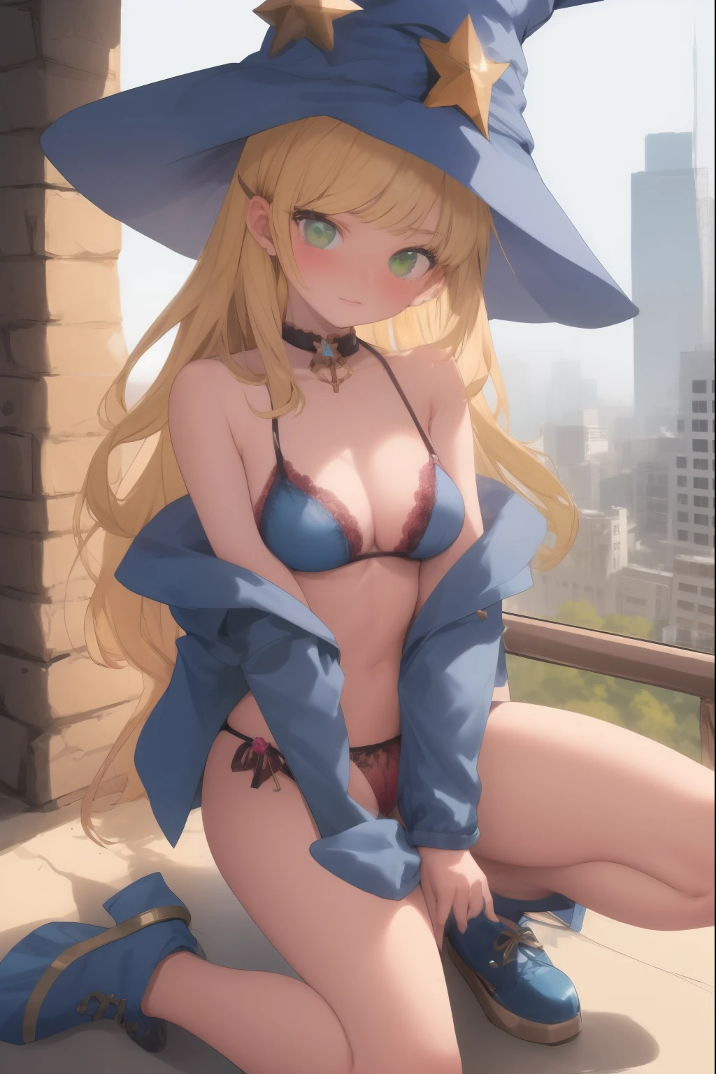 Dark Magician Girl, dark magical girl, blonde hair, collar, (green eyes:1.5), long hair,
rest bare shoulders, blue footwear, blush, blush stickers, split, clavicle, duel monsters, have, Off the shoulders, five-pointed star, wizard have, (blue clothes:1.5),
rest looking at viewer,
rest outdoors, City,
rest (masterpiece:1.2), best quality, high resolution, unified 8k wallpaper, (illustration:0.8), (Beautiful and delicate eyes:1.6), extremely detailed face, perfect lighting, Extremely detailed CG, (perfect hands, perfect anatomy),cleavage,,Seductive pose,翘屁股后面还have,Cocked buttocks,A thousand flavors,lace,,bikini,underwear,Visible genitals,sling,