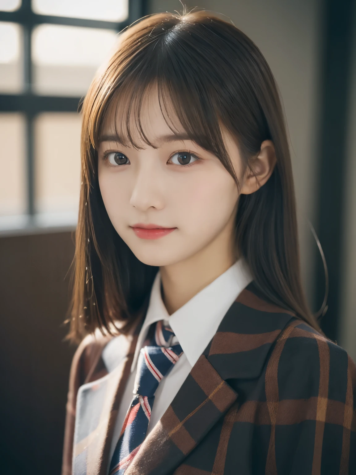 tmasterpiece,top-quality,offcial art,Highly detailed CG Unity 8K wallpapers,female high-school student,Very delicate beautiful,超A high resolution,(realisticlying:1.4),Golden Hour Lighting,(full body Esbian),in class room,(Platinum Shorthair:0.8),(Pretty eyes),looking at viewert,facing front,Twin-tailed hair, ssmile,JK Skirt(Plaid), bust,high-school uniform,neck tie, tmasterpiece, best qualtiy, RAW photogr, realisticlying, faces, incredibly absurd res, depth of fields, hight resolution, ultra - detailed, finedetail, Very detailed, extremely detailed eye and face, Sharp pupils, pupil realistic, tack sharp focus, cinmatic lighting, Idol style、Super Cute:1.2、A dark-haired、bangss、