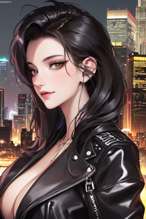 1girl,
(best quality, 4k, 8k, highres, masterpiece:1.2), ultra-detailed, (portrait, mid-twenty,solo_female, straight_hair,(masterpiece,best quality), black hair, black leather jacket, clevage,,smirk,hair pulled back,hair_pulled_back,milf,mature_woman,hair_pulled_back,city background,neon city background , cityscape,