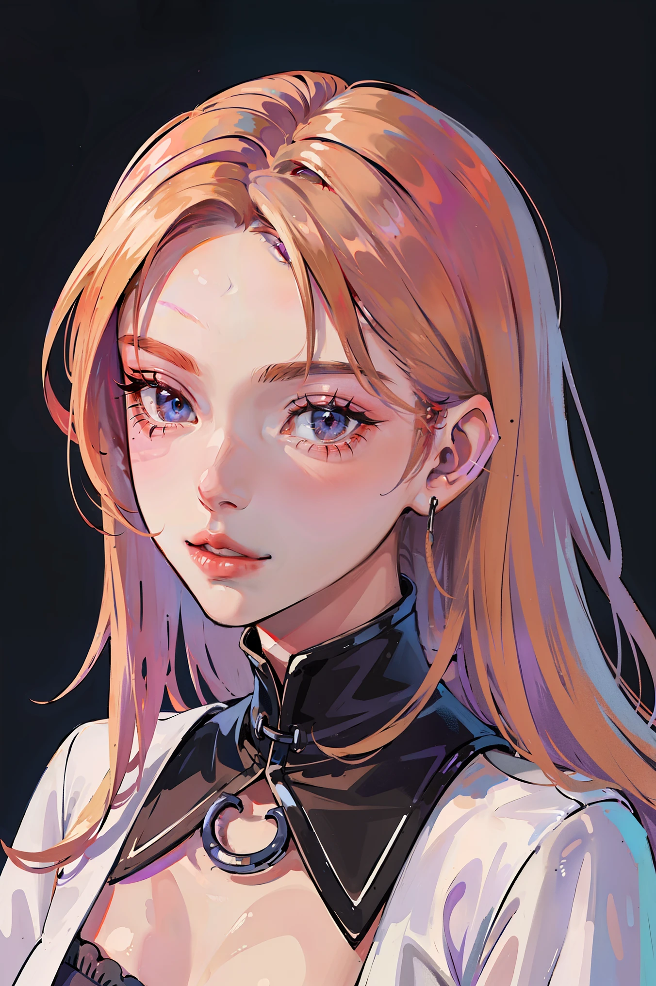 (Portrait:1.4), (masutepiece:1.2, Best Quality:1.2), bottom-up, Full body, 1 girl with blonde hair, Solo, Looking down, Face Focus, Extreme facial details, Cool eyes, extremely detailed eye, goodlooking, makeup, Fingers on lips, Red Eyes, Thin, slim, white fur coat, Black tights, earrings, (Marco) Cafe) purple color  hair　Gothic lolita　dark　Halloween