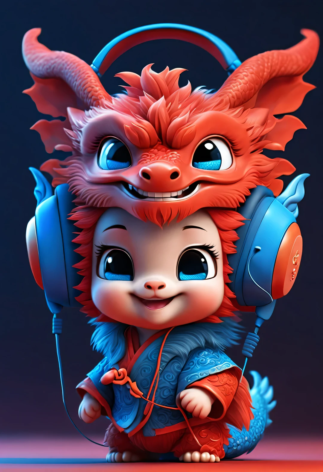 3d rendering, realistic fur, red wallpaper, Simple modern style, beautiful wallpaper, magazine design style, portrait, half body portrait,
(A cute anthropomorphic zodiac dragon baby smiling mischievously wearing big blue headphones), The baby with the zodiac sign Dragon tilts his head slightly, big blue eyes, Wearing orange Hanfu, (Wearing earphones), (looking at camera), Combine traditional clothing with modern equipment, (background: Many colorful flying musical notes: 0.65),