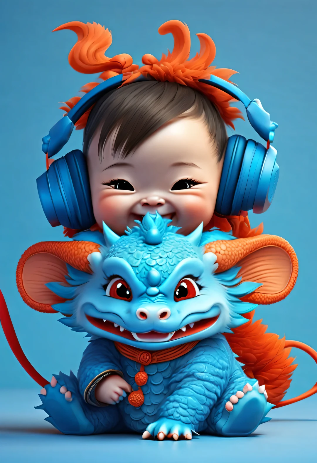 3d rendering, realistic fur, red wallpaper, Simple modern style, beautiful wallpaper, magazine design style, portrait, half body portrait,
(A cute anthropomorphic zodiac dragon baby smiling mischievously wearing big blue headphones), The baby with the zodiac sign Dragon tilts his head slightly, big blue eyes, Wearing orange Hanfu, (Wearing earphones), (looking at camera), Combine traditional clothing with modern equipment, (background: Many colorful flying musical notes: 0.65),