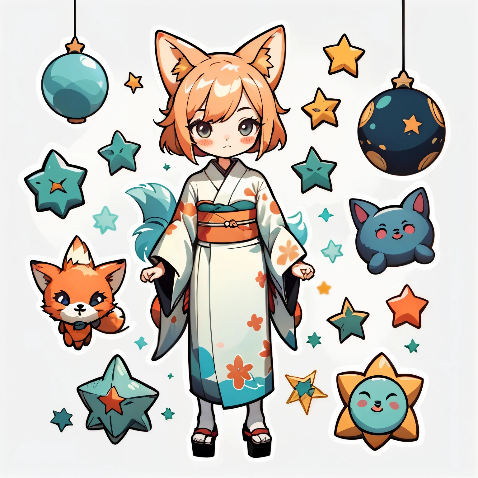 1 sticker, handbook, (Kitsune Girl, model, festive star kimono, Cool & Cool), White background, simple background, minimal, Cute, tiny, pastel color, vector style, No gradient,