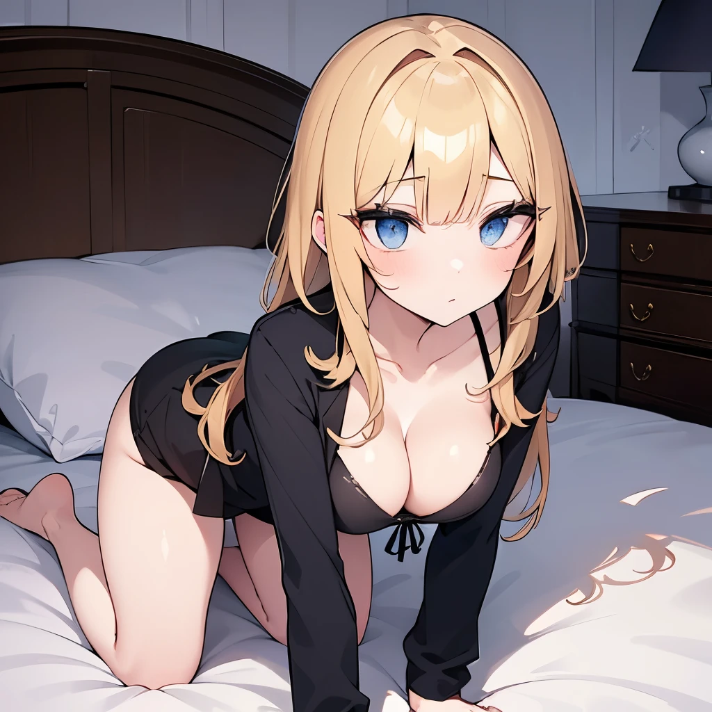arafed woman fully ,  with blue eyes, 33 years old, ultra realistic, meticulously detailed, portrait sophie mudd, blonde hair and large eyes, bedroom eyes, violet myers, without makeup, makeup, subtle makeup, stunning full body shot kneeling on bed, in bedroom, large size bust, 縦リブ生地のセータードレス、の谷間
