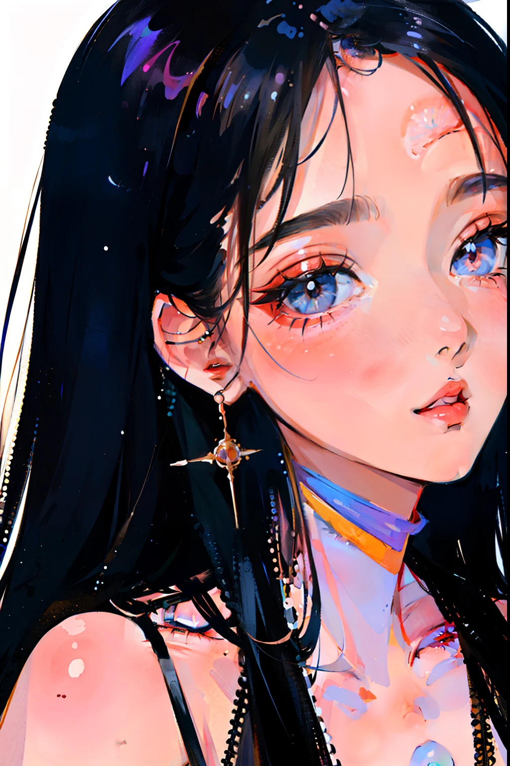 (portrait:1.4), (tmasterpiece:1.2, Best Picture Quality:1.2), Overlooking, The upper part of the body, 1girl, Look up, face focus, Very thin face, Very fine eyes, goodlooking, putting makeup on, Fingers to lips,Lunette de soleil、fashion、耳Nipple Ring、photorealestic