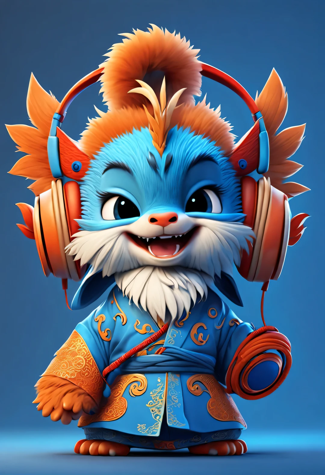 3d rendering, realistic fur, red wallpaper, Simple modern style, beautiful wallpaper, portrait, half body portrait, (Cute anthropomorphic zodiac dragon baby smiling mischievously wearing big blue headphones), The baby with the zodiac sign Dragon tilts his head slightly, big blue eyes, (Wearing orange Hanfu), (wearing headphones), (looking at camera), Combine traditional clothing with modern equipment, (background: Many colorful notes are dancing: 0.65), magazine design style,