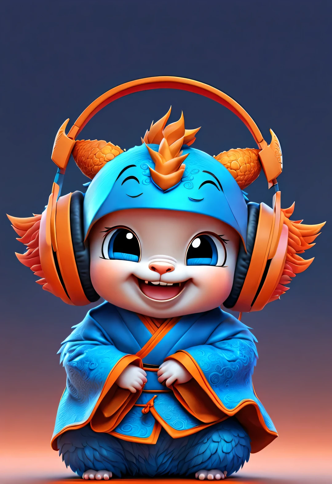 3d rendering, realistic fur, red wallpaper, Simple modern style, beautiful wallpaper, portrait, half body portrait, (Cute anthropomorphic zodiac dragon baby smiling mischievously wearing big blue headphones), The baby with the zodiac sign Dragon tilts his head slightly, big blue eyes, (Wearing orange Hanfu), (wearing headphones), (looking at camera), Combine traditional clothing with modern equipment, (background: Many colorful notes are dancing: 0.65), magazine design style,