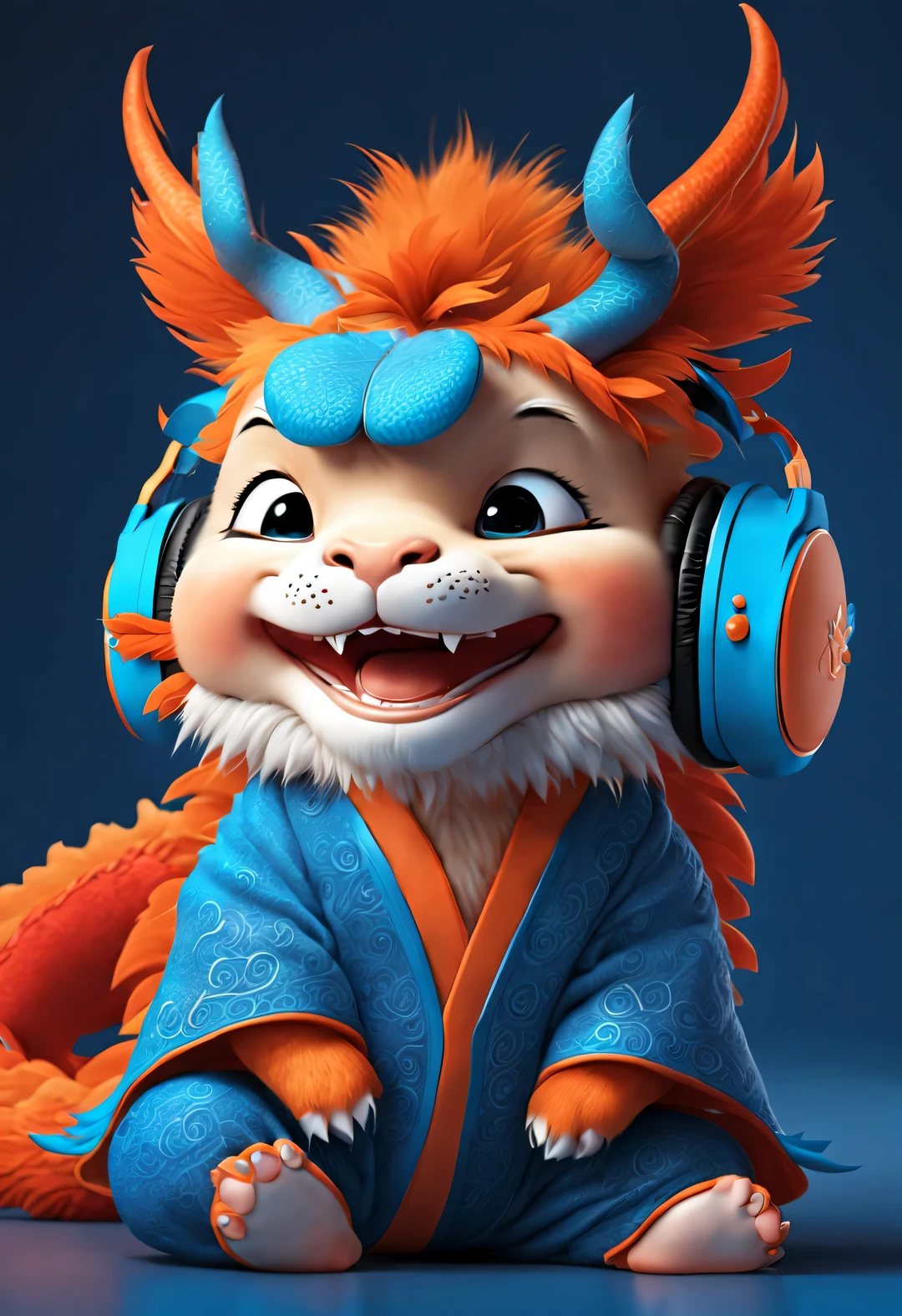 3d rendering, realistic fur, red wallpaper, Simple modern style, beautiful wallpaper, magazine design style, portrait, half body portrait,
(Cute anthropomorphic zodiac dragon  wearing big blue headphones is smiling naughtily), The babyh the zodiac sign Dragon tilts his head slightly, big blue eyes, (Wearing orange Hanfu), (wearing headphones), (looking at camera), Traditional clothing combined with modern equipment, (background: Many colorful notes are dancing: 0.65),