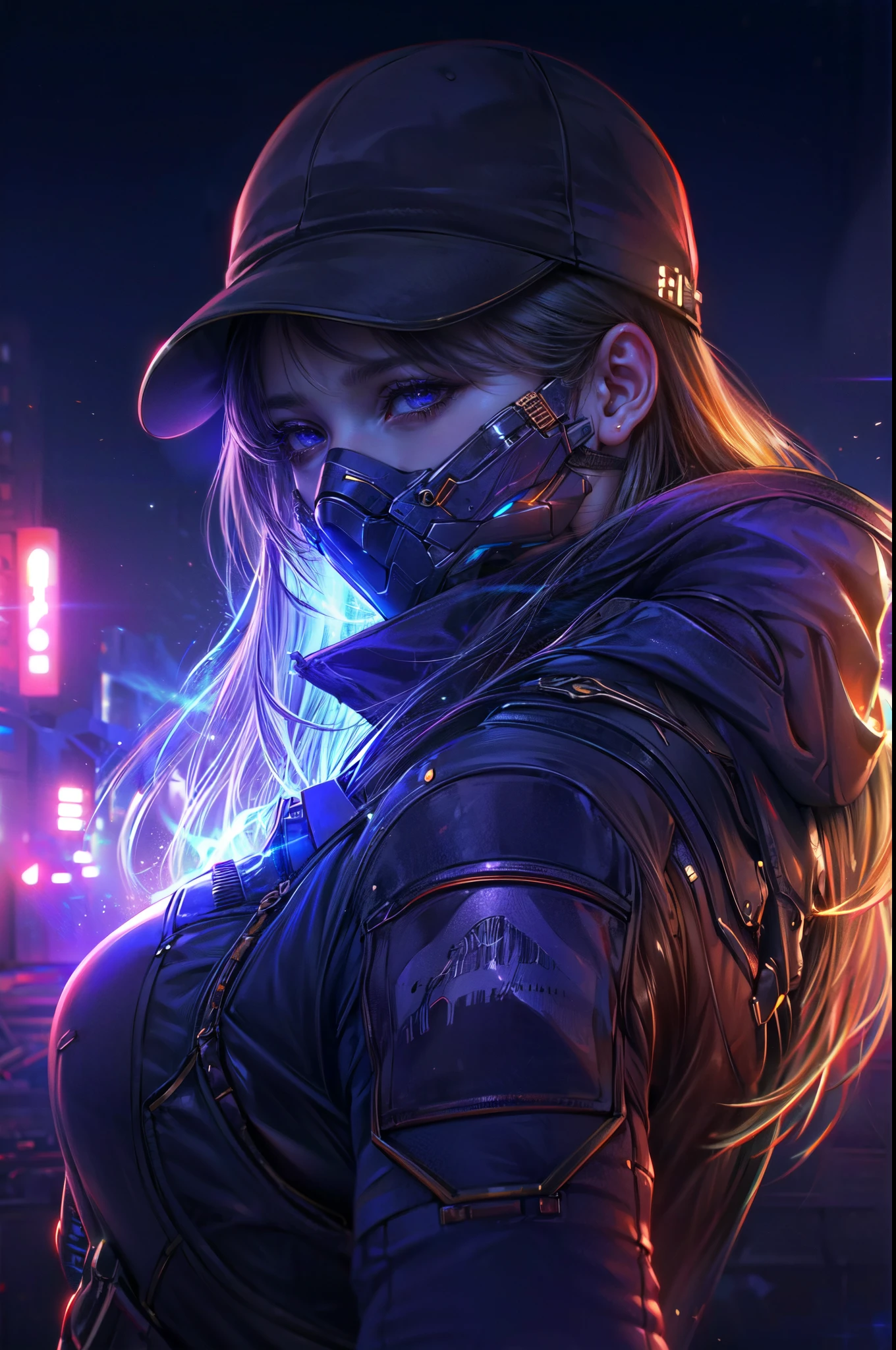 a girl with a futuristic mask and glowing glowing, in the style of detailed character illustrations, cybergoth