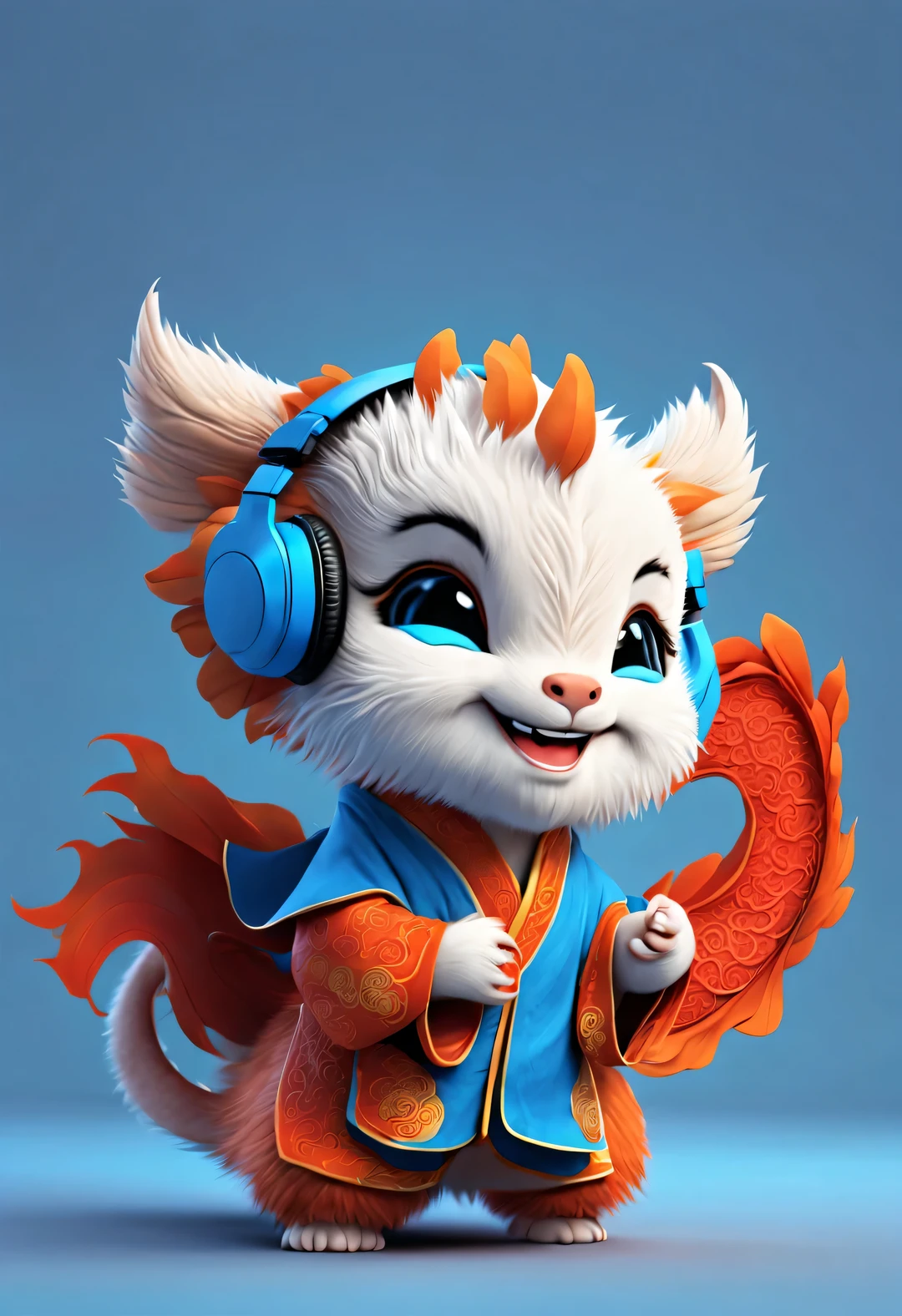 3d rendering, realistic fur, red wallpaper, Simple modern style, beautiful wallpaper, magazine design style, portrait, half body portrait,
(Cute anthropomorphic zodiac dragon baby wearing big blue headphones is smiling naughtily), The baby with the zodiac sign Dragon tilts his head slightly, big blue eyes, (Wearing orange Hanfu), (wearing headphones), (looking at camera), Traditional clothing combined with modern equipment, (background: Many colorful notes are dancing: 0.65),