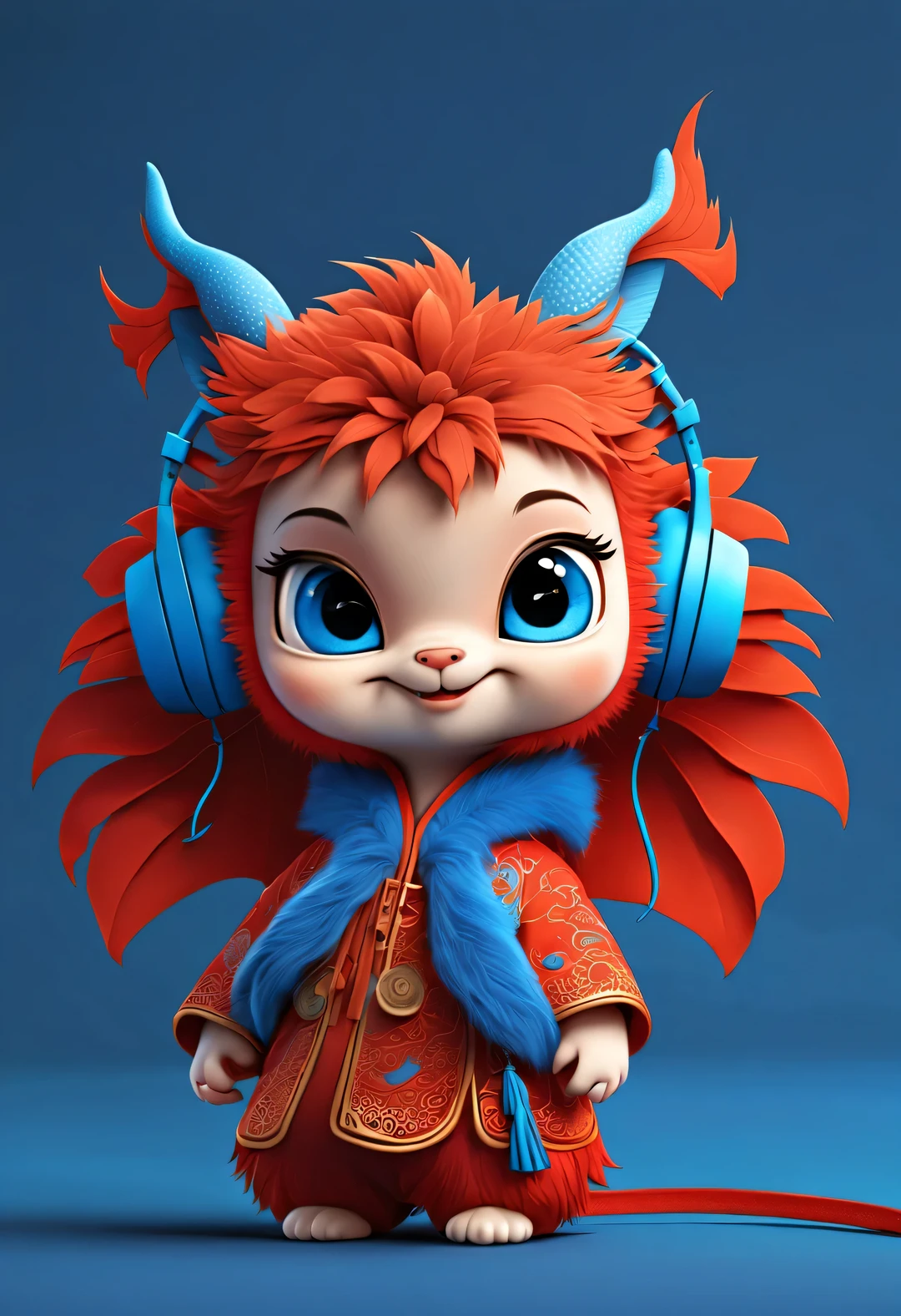 3d rendering, realistic fur, red wallpaper, Simple modern style, beautiful wallpaper, magazine design style, portrait, half body portrait,
A cute anthropomorphic zodiac dragon baby smiling playfully wearing big blue headphones. it has a slightly tilted head, big blue eyes, Wearing orange-red Hanfu. (Wearing earphones), (looking at camera), Combine traditional clothing with modern equipment. (background: Many colorful flying musical notes: 0.65),