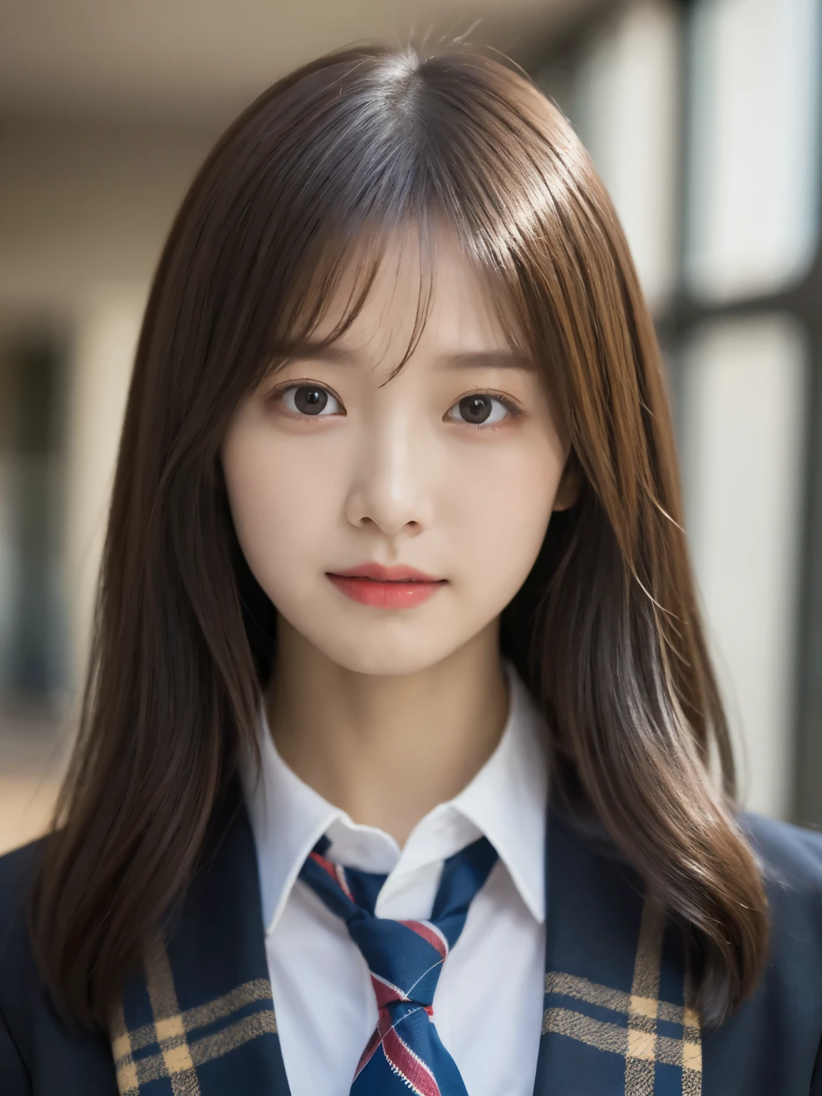 tmasterpiece，top-quality，offcial art，Highly detailed CG Unity 8K wallpapers，female high-school student，Very delicate beautiful，超A high resolution，（realisticlying：1.4），Golden Hour Lighting，（full body Esbian），in class room，（Platinum Shorthair：0.8），（Pretty eyes），looking at viewert，facing front，Twin-tailed hair, ssmile，JK Skirt（Plaid）， bust，high-school uniform，neck tie， tmasterpiece， best qualtiy， RAW photogr， realisticlying， faces， incredibly absurd res， depth of fields， hight resolution， ultra - detailed， finedetail， Very detailed， extremely detailed eye and face， Sharp pupils， pupil realistic， tack sharp focus， cinmatic lighting, Idol style、Super Cute:1.2、A dark-haired、bangss、