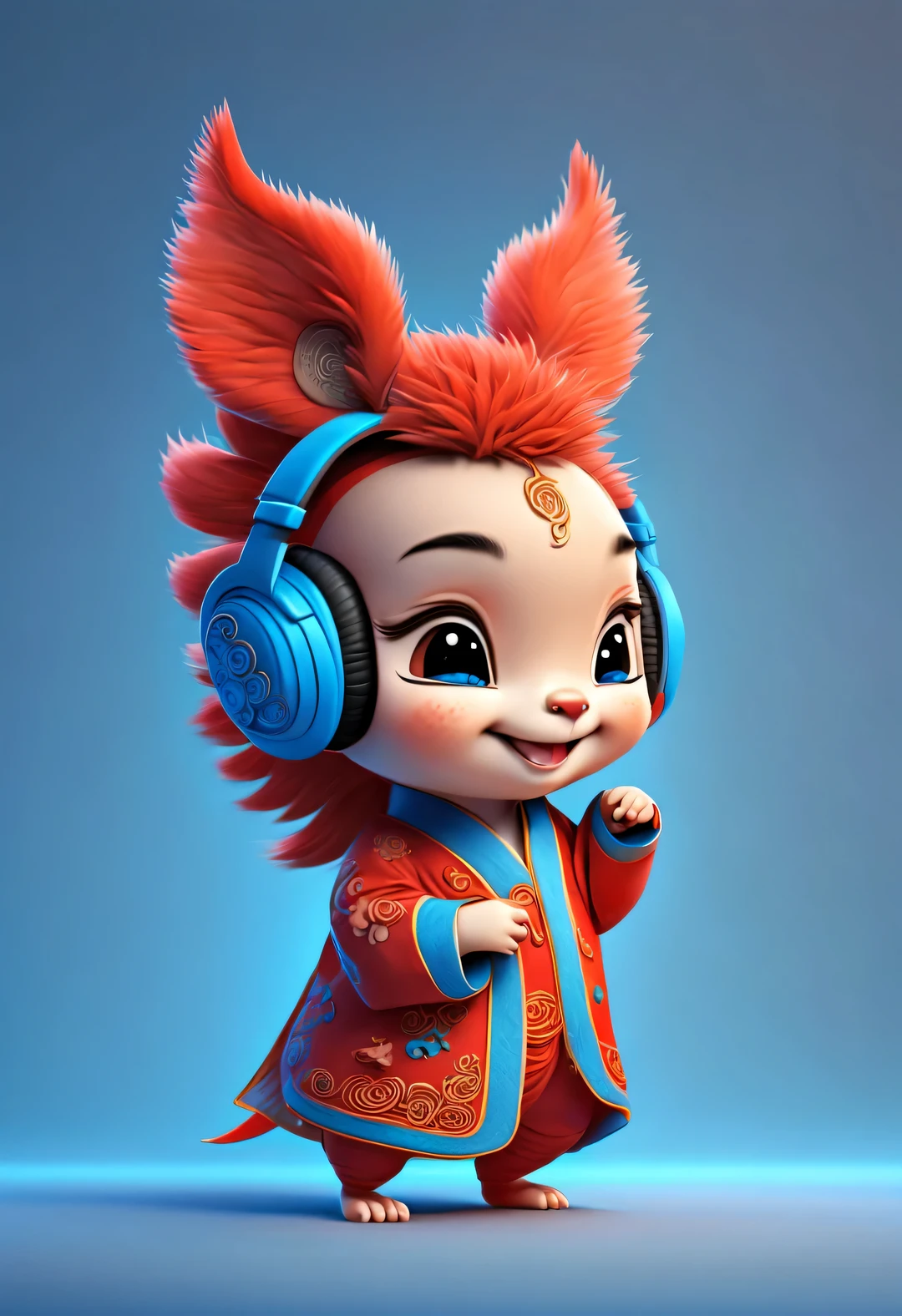 3d rendering, realistic fur, red wallpaper, Simple modern style, beautiful wallpaper, magazine design style, portrait, half body portrait,
A cute anthropomorphic zodiac dragon baby smiling playfully wearing big blue headphones. it has a slightly tilted head, big blue eyes, Wearing orange-red Hanfu. (Wearing earphones), (looking at camera), Combine traditional clothing with modern equipment. (background: Many colorful flying musical notes: 0.65),