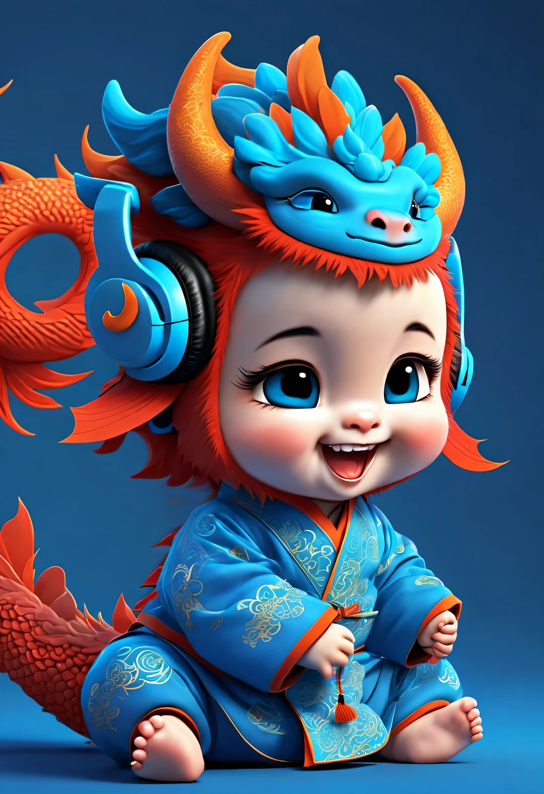 3d rendering, realistic fur, red wallpaper, Simple modern style, beautiful wallpaper, magazine design style, portrait, half body portrait,
(A cute anthropomorphic zodiac dragon baby smiling mischievously wearing big blue headphones), The baby with the zodiac sign Dragon tilts his head slightly, big blue eyes, Wearing orange Hanfu, (Wearing earphones), (looking at camera), Combine traditional clothing with modern equipment, (background: Many colorful flying musical notes: 0.65),