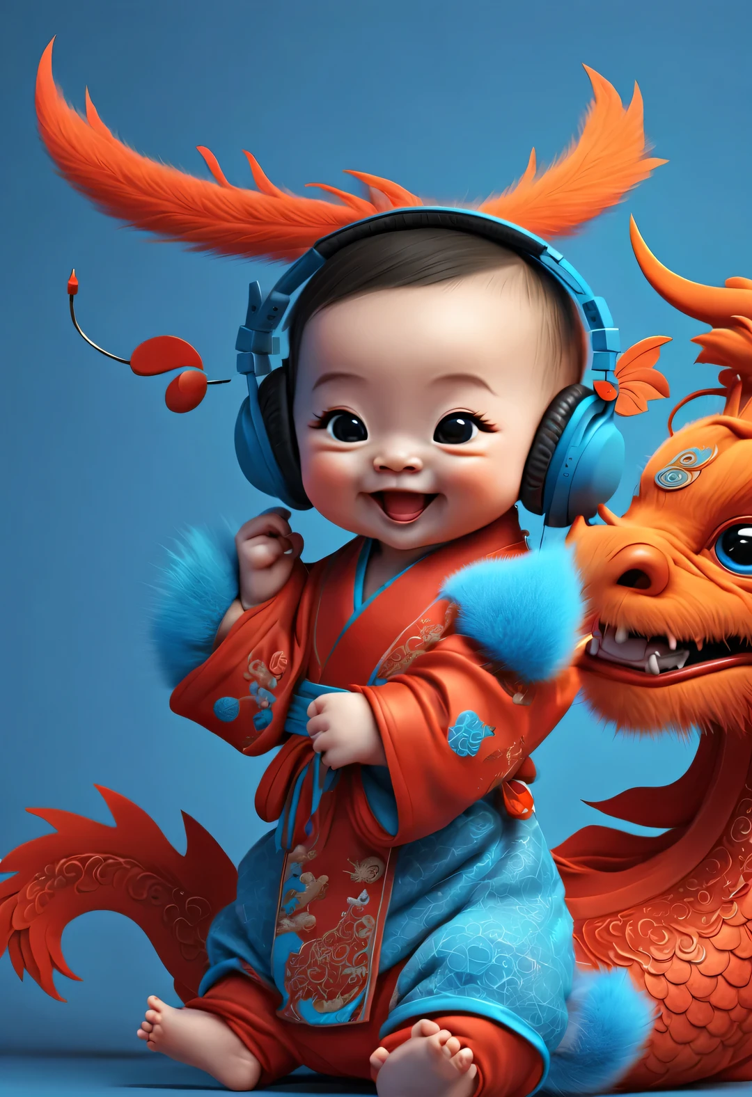 3d rendering, realistic fur, red wallpaper, Simple modern style, beautiful wallpaper, magazine design style, portrait, half body portrait,
(A cute anthropomorphic zodiac dragon  smiling mischievously wearing big blue headphones), The baby with the zodiac sign Dragon tilts his head slightly, big blue eyes, Wearing orange Hanfu, (Wearing earphones), (looking at camera), Combine traditional clothing with modern equipment, (background: Many colorful flying musical notes: 0.65),