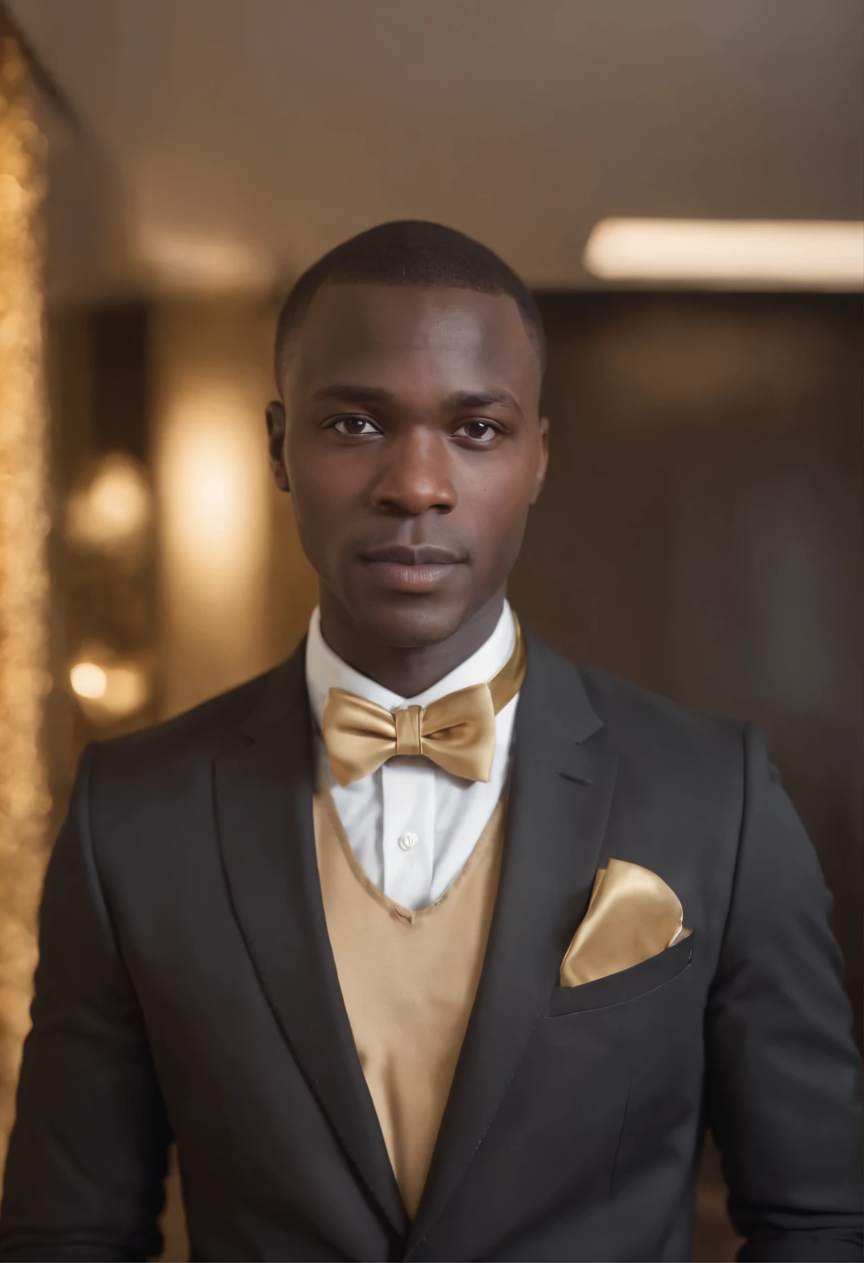 AFRICAN BUSINESSMAN IN BLACK VERSACCI SUIT WITH GOLDEN BOWTIE, MODERN OFFICE BACKGROUND