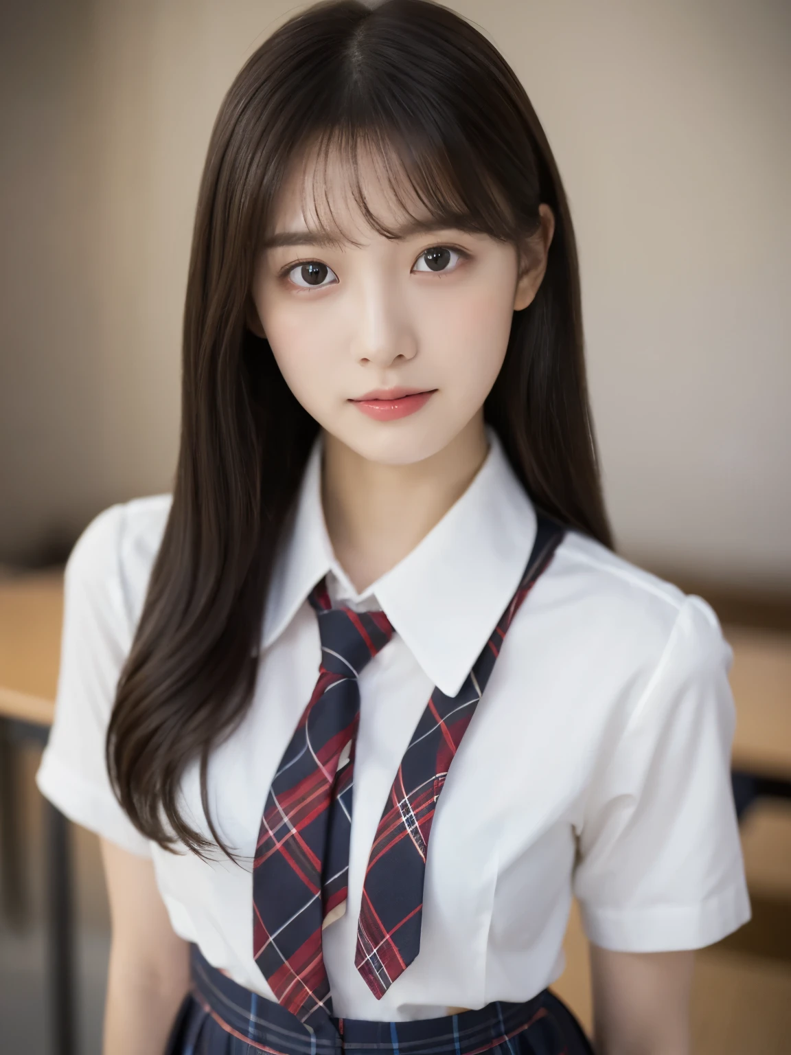 tmasterpiece,top-quality,offcial art,Highly detailed CG Unity 8K wallpapers,female high-school student,Very delicate beautiful,超A high resolution,(realisticlying:1.4),Golden Hour Lighting,(full body Esbian),in class room,(Platinum Shorthair:0.8),(Pretty eyes),looking at viewert,facing front,Twin-tailed hair, ssmile,JK Skirt(Plaid), bust,high-school uniform,neck tie, tmasterpiece, best qualtiy, RAW photogr, realisticlying, faces, incredibly absurd res, depth of fields, hight resolution, ultra - detailed, finedetail, Very detailed, extremely detailed eye and face, Sharp pupils, pupil realistic, tack sharp focus, cinmatic lighting, Idol style、Super Cute:1.2、A dark-haired、bangss、