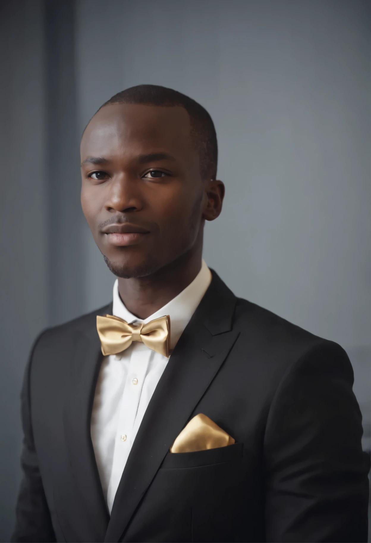 AFRICAN BUSINESSMAN IN BLACK VERSACCI SUIT WITH GOLDEN BOWTIE, MODERN OFFICE BACKGROUND