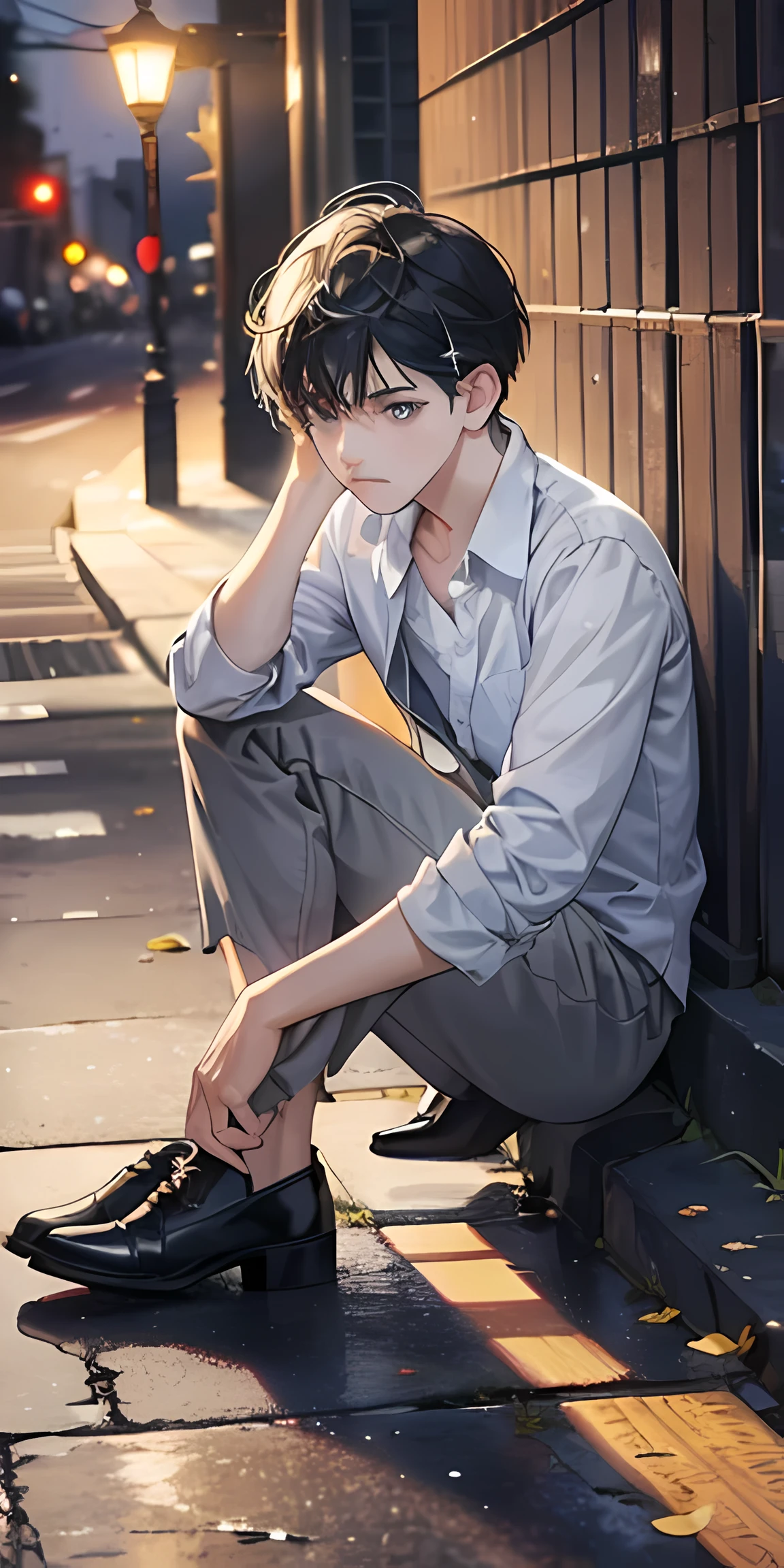 masterpiece,high quality,Great 품질, Great,k hd,detailed face,detailed body,1 person,(with short black hair:1.5),white shirt,(sad look:1.5),(face is sad:1.5),(sat on the ground:1.2),It looks like'get engaged again,in the street,the weather is gloomy,(And it was raining lightly:1.2),(torn clothes:1.4),(Shabby clothes 1.2),Dusk,golden sun,((Color temperature 9000K:1.4)), serious expression, Nikon Camera