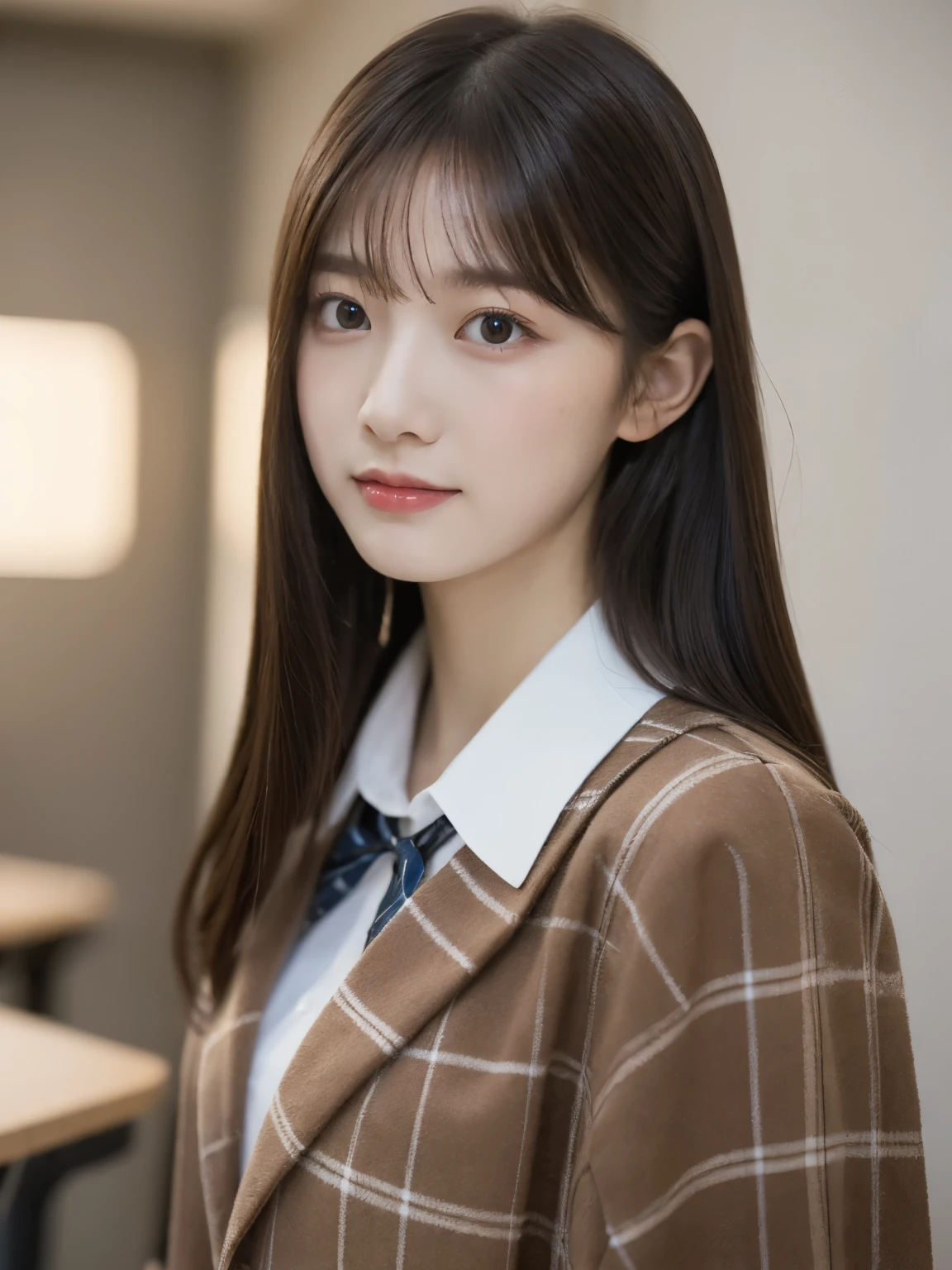 tmasterpiece，top-quality，offcial art，Highly detailed CG Unity 8K wallpapers，female high-school student，Very delicate beautiful，超A high resolution，（realisticlying：1.4），Golden Hour Lighting，（full body Esbian），in class room，（Platinum Shorthair：0.8），（Pretty eyes），looking at viewert，facing front，Twin-tailed hair, ssmile，JK Skirt（Plaid）， bust，high-school uniform，neck tie， tmasterpiece， best qualtiy， RAW photogr， realisticlying， faces， incredibly absurd res， depth of fields， hight resolution， ultra - detailed， finedetail， Very detailed， extremely detailed eye and face， Sharp pupils， pupil realistic， tack sharp focus， cinmatic lighting, Idol style、Super Cute:1.2、A dark-haired、bangss、