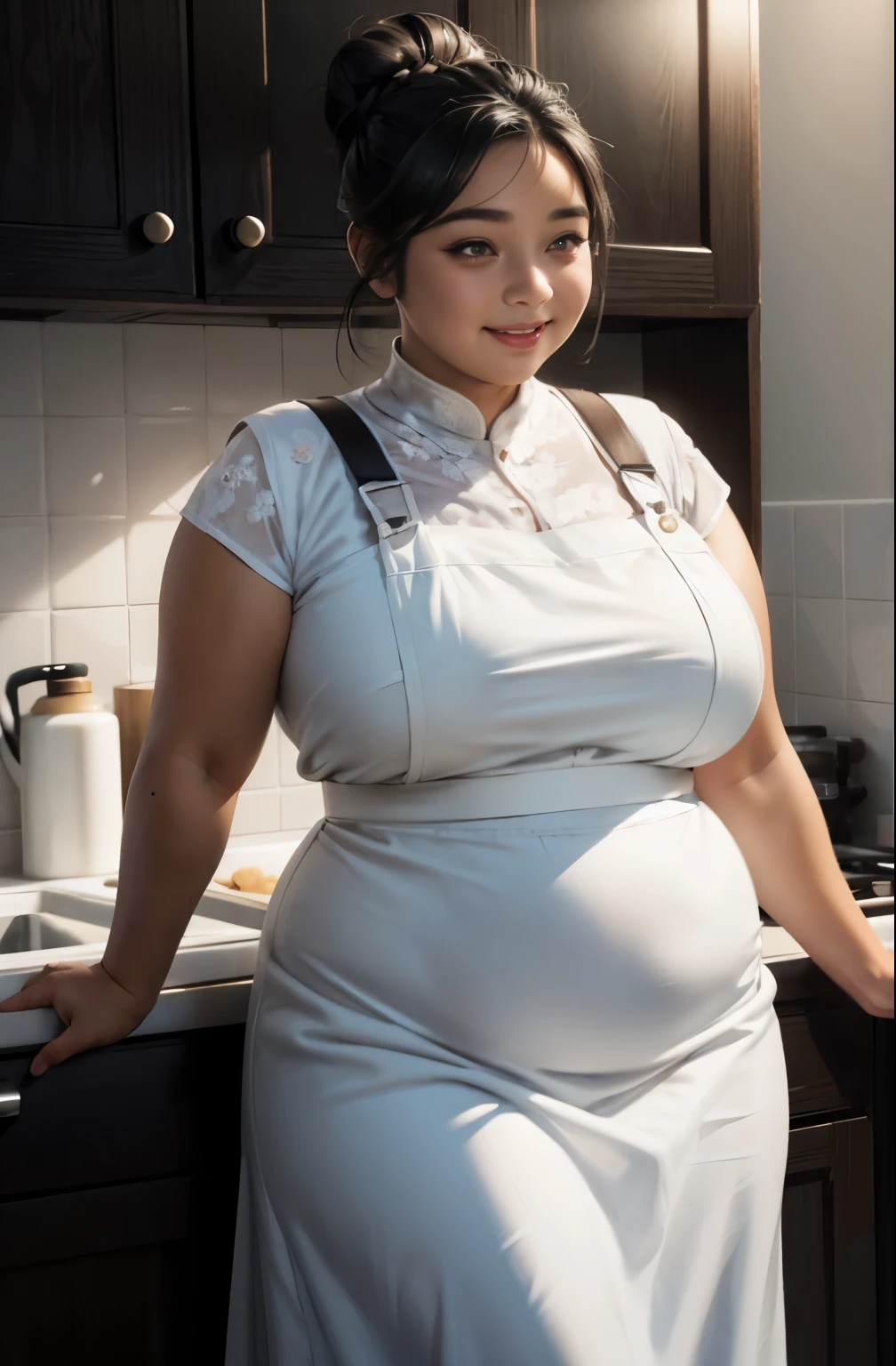 masterpiece, best quality, 1woman, old, ((((wrinkles:1.0)))), black skin, dark skin, black, black hair, hair bun, big hair bun, (((chubby:1.0))), fat, obese, white dress, flowered dress, apron, brown apron, smiling