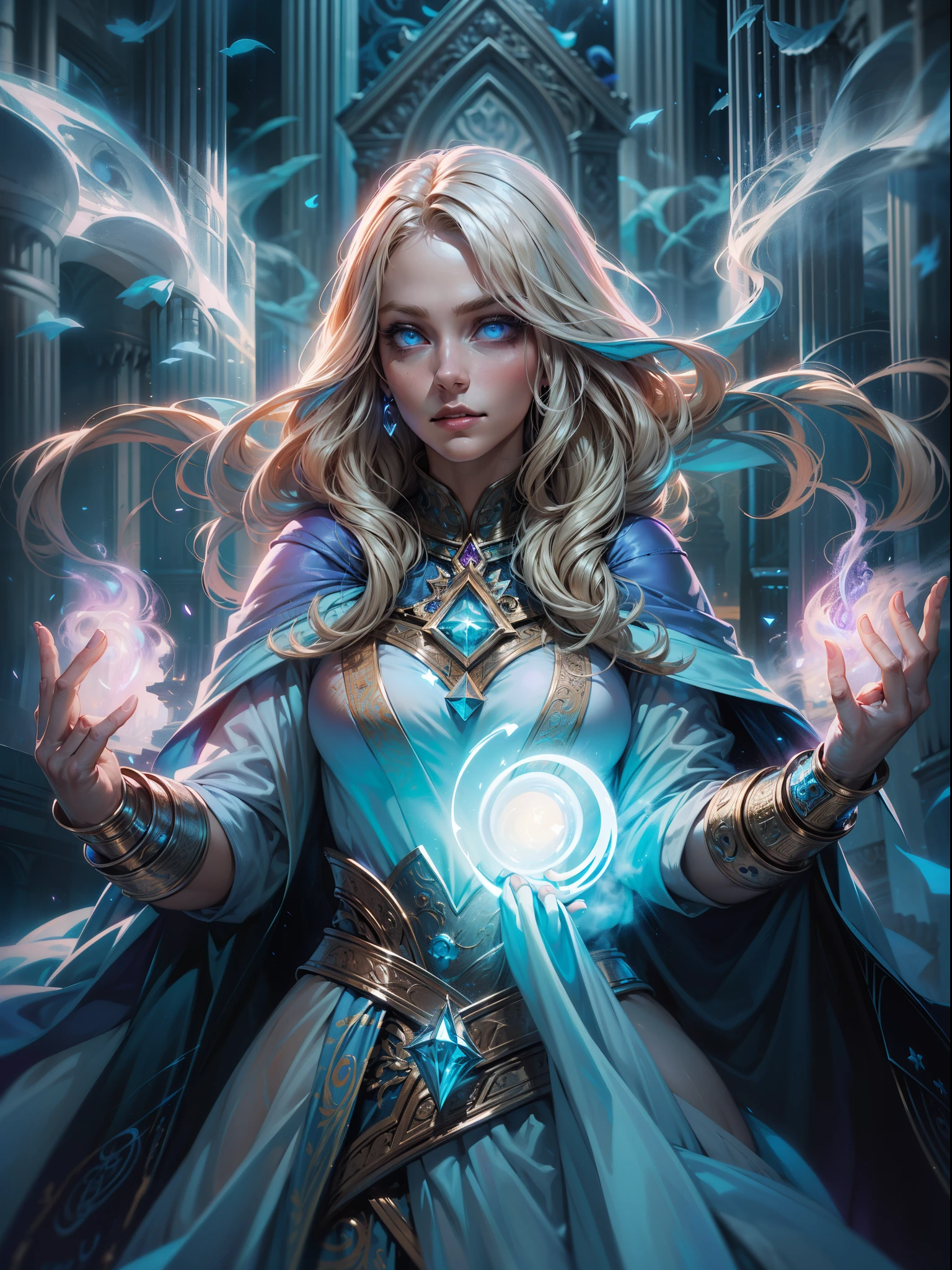 high details, best quality, 8k, [ultra detailed], masterpiece, best quality, (extremely detailed), dynamic angle, ultra wide shot, photorealistic, fantasy art, dnd art, rpg art, realistic art, an ultra wide picture of a female human (1.5 intricate details, Masterpiece, best quality) godess of light (( blue radiant aural)),  ((controlling a swirling blue radiant magic)), manipulating purple radiant magical sigils, human female, blond  hair, long hair with aura, hair with radiant eyes, intense eyes, ((radiant eyes)), ((glowing eyes)), dynamic clothing, fantasy temple background, ((divine worship atmosphere)), high details, best quality, highres, ultra wide angle