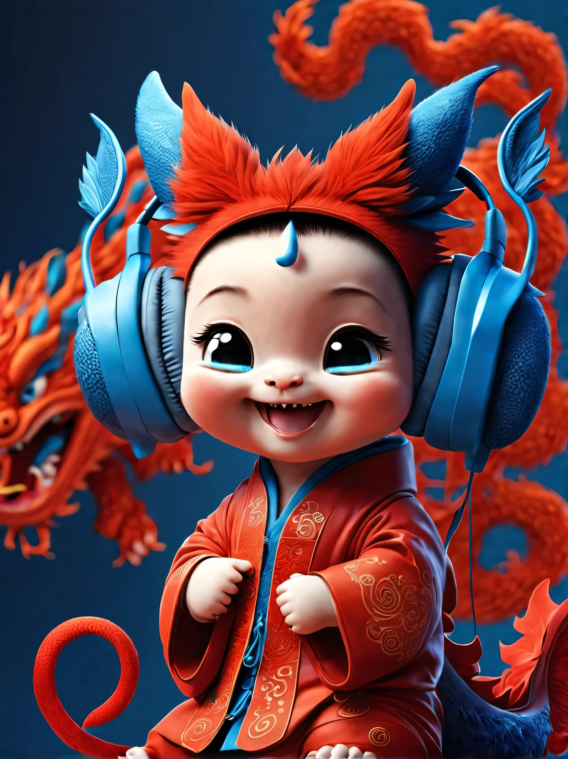 3d rendering, realistic fur, red wallpaper, Simple modern style, beautiful wallpaper, magazine design style, portrait, half body portrait,
(A cute anthropomorphic zodiac dragon baby smiling mischievously wearing big blue headphones), The baby with the zodiac sign Dragon tilts his head slightly, big blue eyes, Wearing orange Hanfu, (Wearing earphones), (looking at camera), Combine traditional clothing with modern equipment, (background: Many colorful flying musical notes: 0.65),