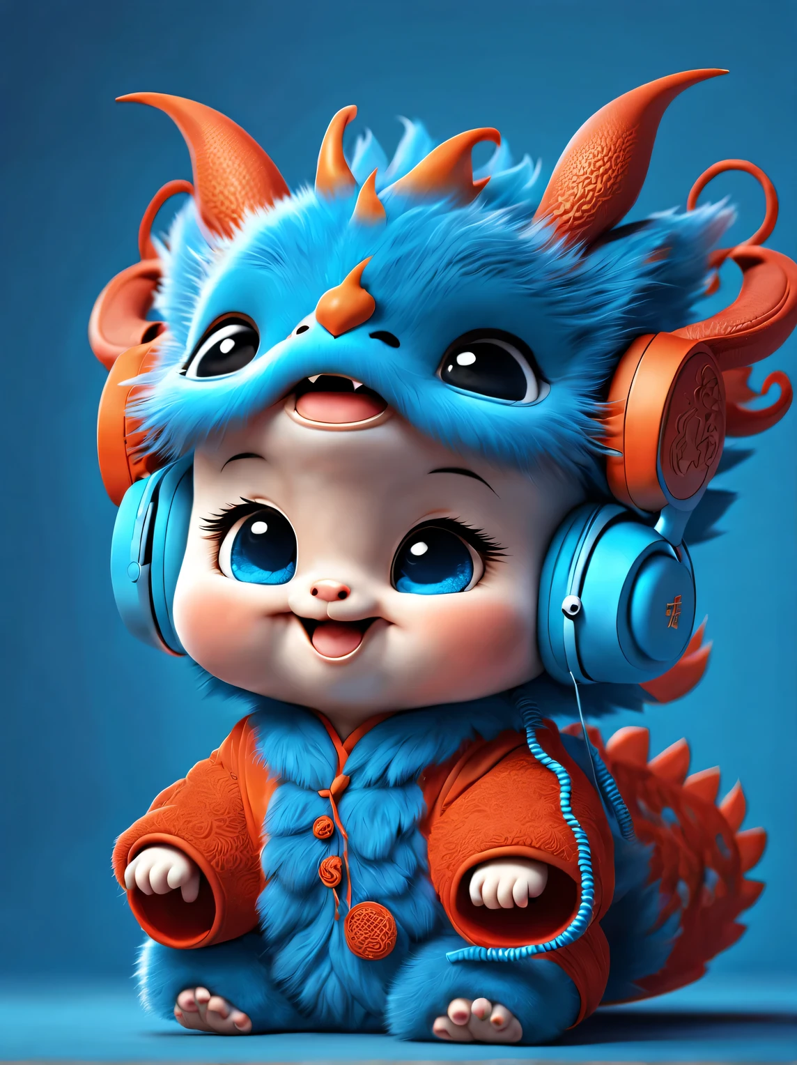 3d rendering, realistic fur, red wallpaper, Simple modern style, beautiful wallpaper, magazine design style, portrait, half body portrait,
(A cute anthropomorphic zodiac dragon baby smiling mischievously wearing big blue headphones), The baby with the zodiac sign Dragon tilts his head slightly, big blue eyes, Wearing orange Hanfu, (Wearing earphones), (looking at camera), Combine traditional clothing with modern equipment, (background: Many colorful flying musical notes: 0.65),