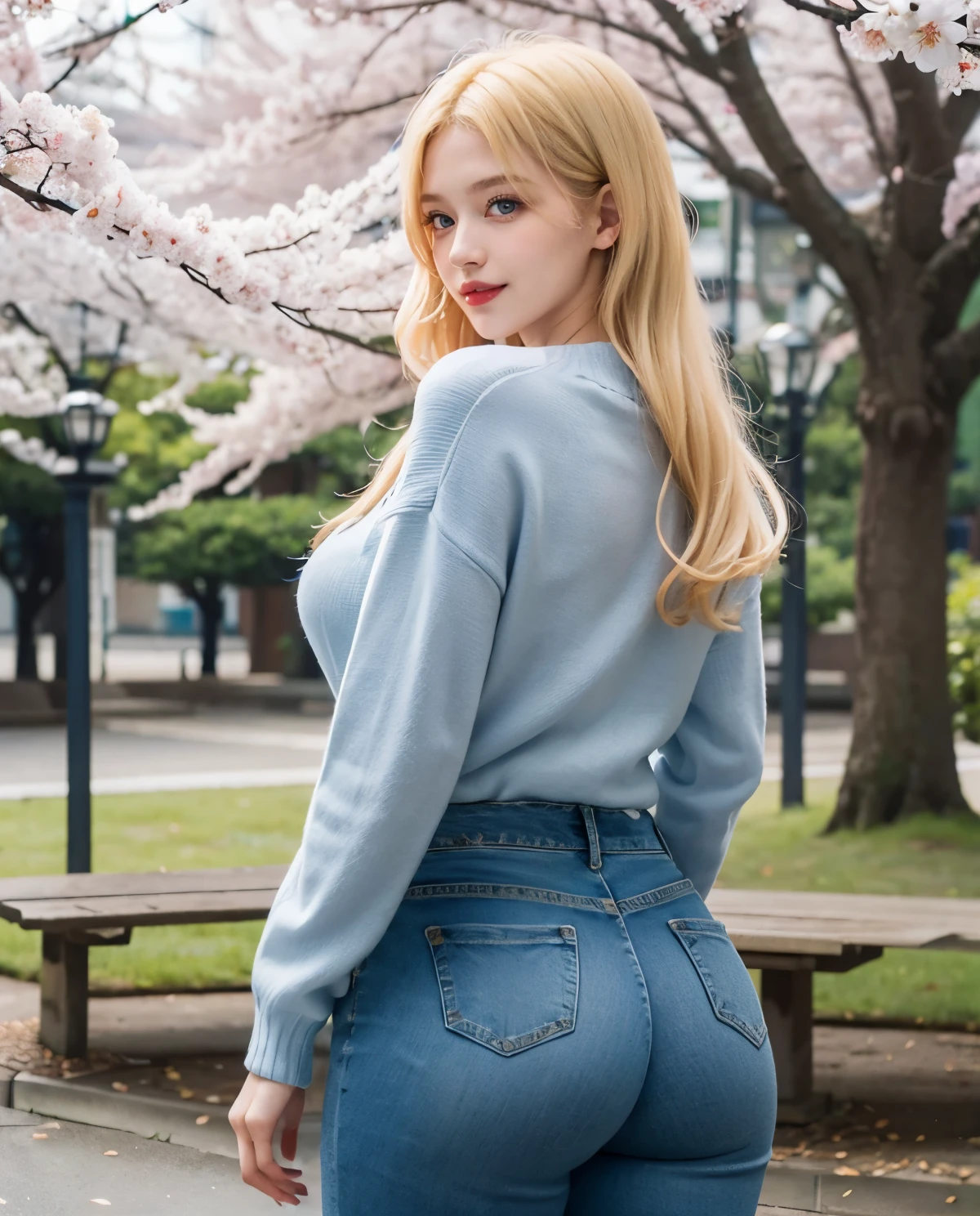 1girl, Blue eyes, (smile), (Sana Minatozaki), wide hips, Big , (big ass :1.1), (Best Quality, 8k, Masterpiece: 1.3), perfect hands, Clear Focus: 1.2, Perfect Body Beauty: 1.4, Highly detailed face and skin texture, detailed eyes, double eyelids, red lips, (blonde long hair), (fitted sweater), (jeans), walking, in a sakura park