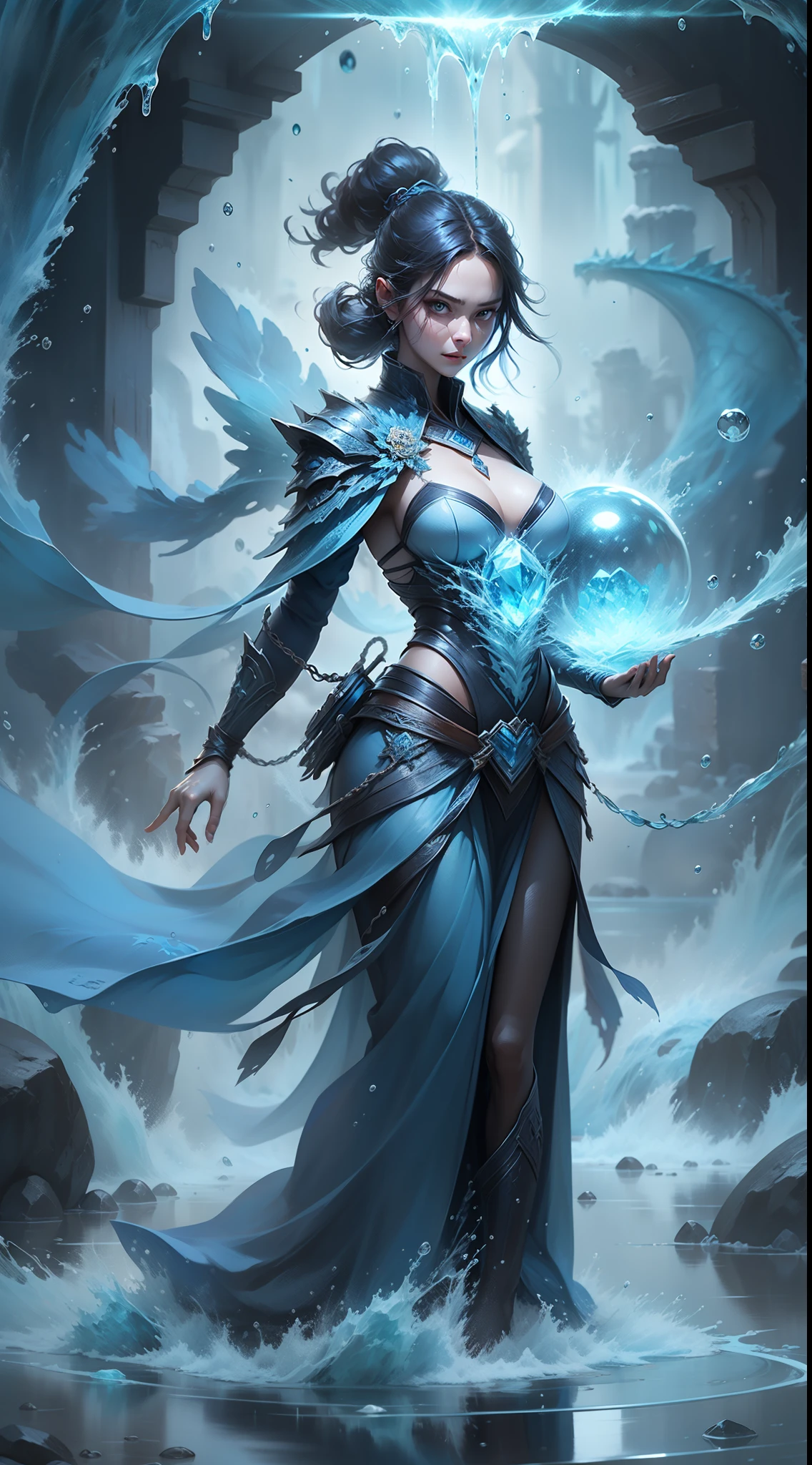 Q version 3--old l standing in front of a transparent blue water dragon，crystal-clear，Eau，water flowing，drippy，Combines the power of water and ice elements，Create powerful ice storms，Freeze surrounding enemies and deal extensive freeze damage。