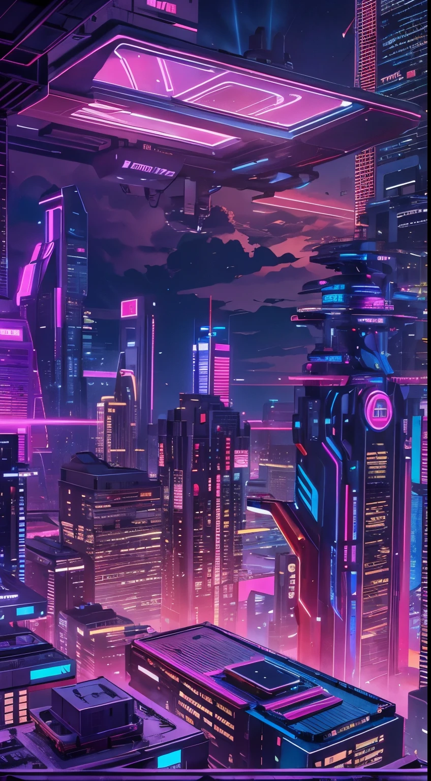 Fictional cities, near future , cyber-, night, View from the roof of the building, night景, bright colors,cyber-パンクのまばゆいばかりの街並み, Bright and vivid color scheme high-rise building, neon sign,The pink color stands out