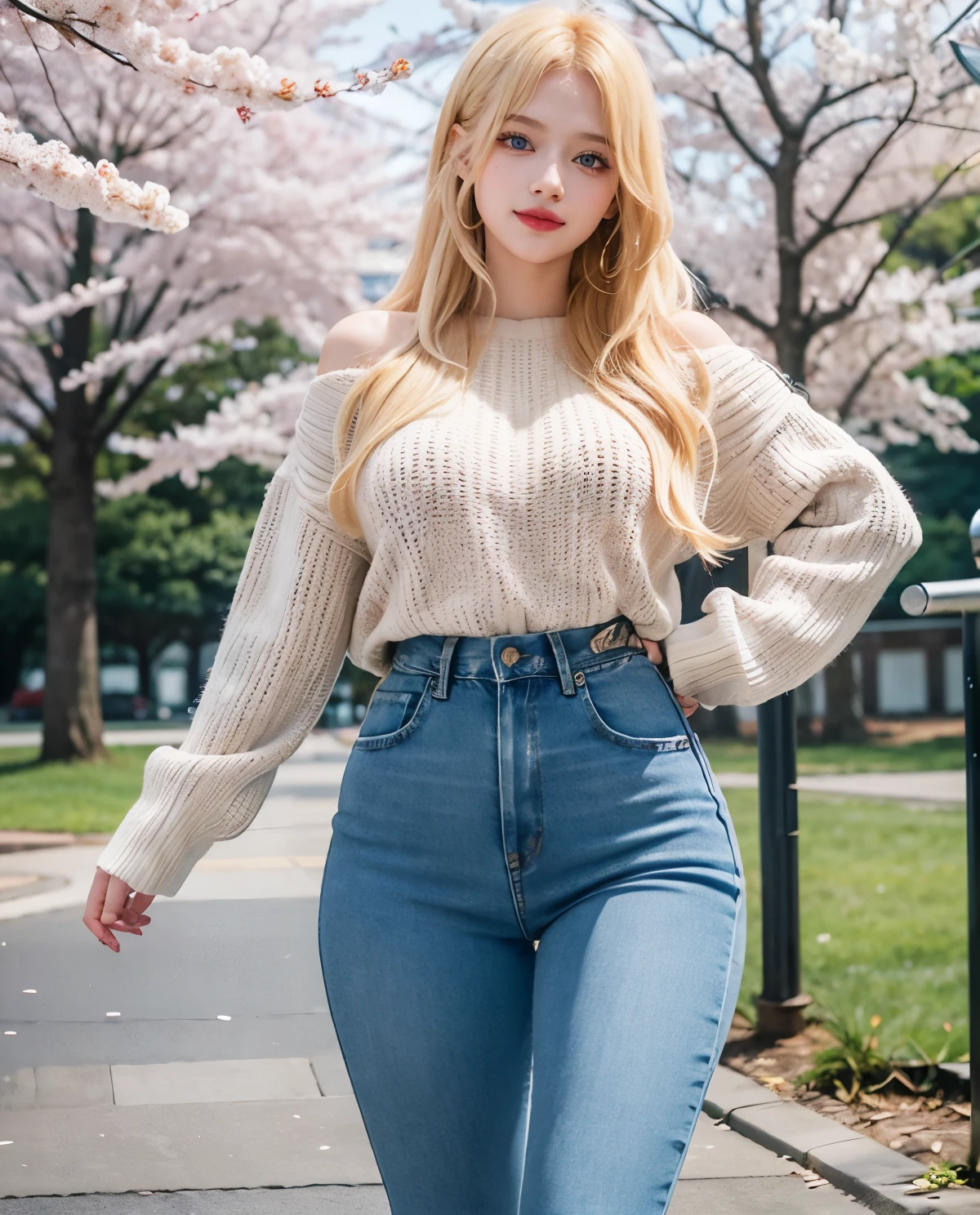 1girl, Blue eyes, (smile), (Sana Minatozaki), wide hips, Big  , (big ass :1.1), (Best Quality, 8k, Masterpiece: 1.3), perfect hands, Clear Focus: 1.2, Perfect Body Beauty: 1.4, Highly detailed face and skin texture, detailed eyes, double eyelids, red lips, (blonde long hair), (fitted sweater), (jeans), walking, in a sakura park
