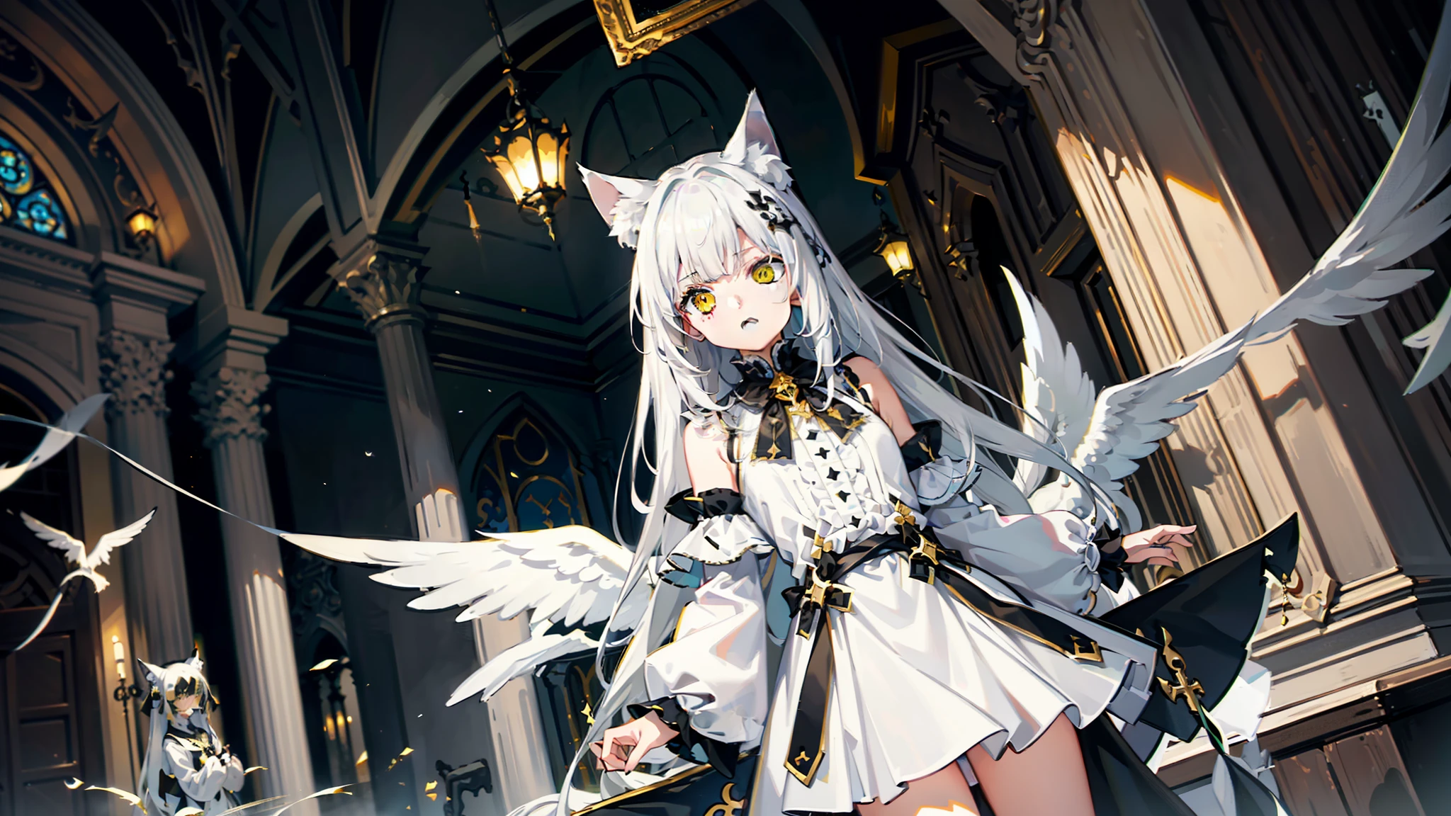 (high quality) (4K) (unity wallpaper) 2 girls, White dog ears, gray hair, black eyed maiden, devil, Black wings, Yellow cat ears, yellow hair, green eyed maiden, Angel, white wings, next to the broken mirror, Center of the world, heaven, Light transmission, both day and night, cross.