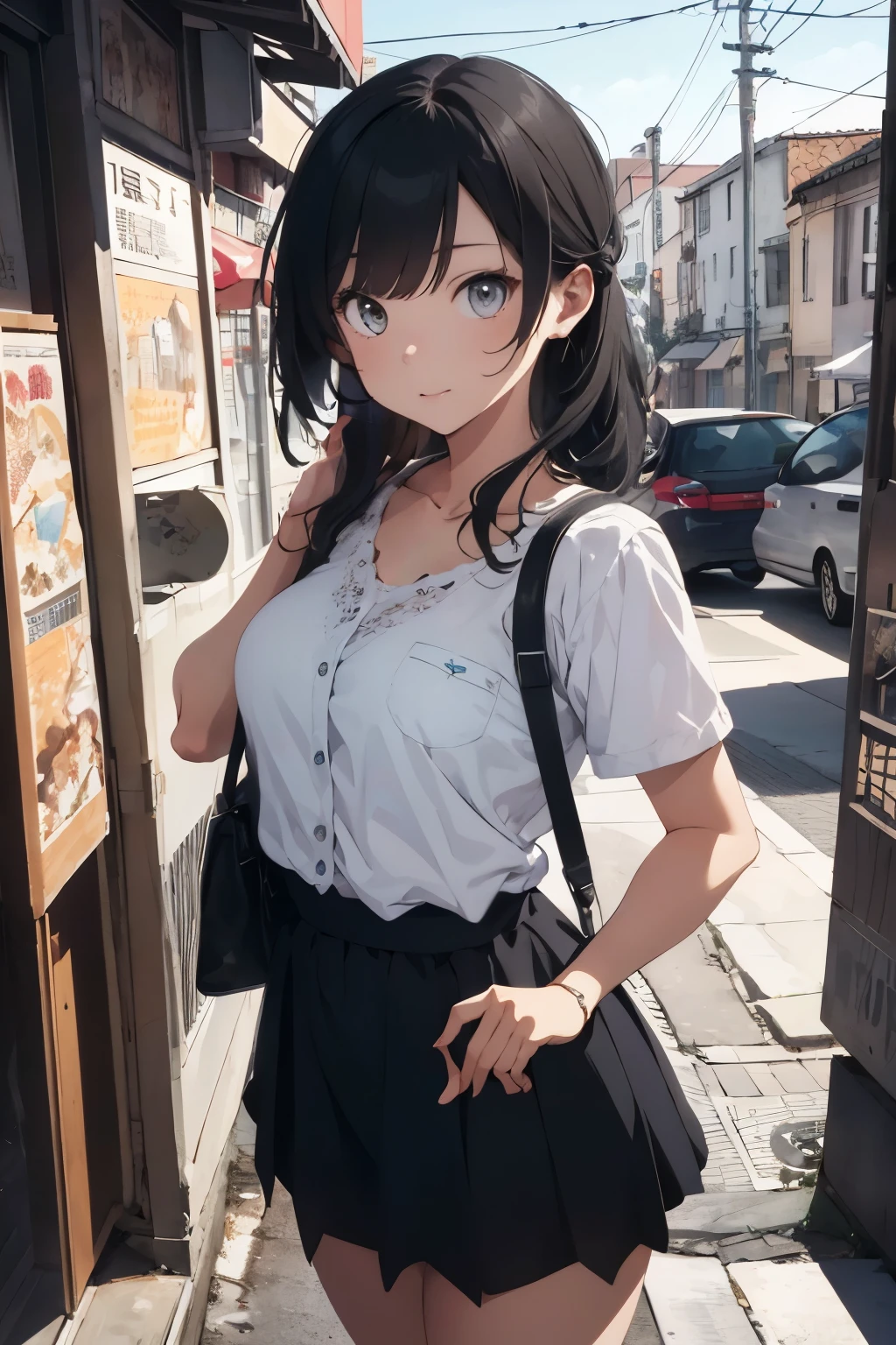 (8K, RAW Photos, 最high quality, masterpiece:1.2), high qualityのRAWカラー写真, Professional photo shoot, Cinematic Light, alone, (((young woman, Gal))), (Sharp features), (Small face), (Skin with attention to detail:1.2), clavicle, Cute face, Beautiful appearance, Long eyelashes,Girl Turning Around, smile, (Black Hair, Bobcut、), open white shirt、Belly button, Very short grey pleated mini skirt, Black sneakers, Backpack, Night Park, Confident attitude, Capture the happy moment, Artistic painting,Attractive thighs, (Very nice touch:1.2),はにかんだsmile), Peaceful atmosphere, Oil painting style, Bright colors, (Are standing:1.5, Townscape at night, Focus on the upper body), Smooth texture, Gazing Eyes, Beautiful Skin, Shiny skin, ((Perfect Fingers, Five Fingers, Anatomically correct)), Background Blur, high quality, Surreal, ((Very detailed, photo shoot)),Many people々、blush、plump、White skin、Bag with stuffed toy、Open shirt、Show off your cute bra、View from below、Medium Breast、Focus on the face