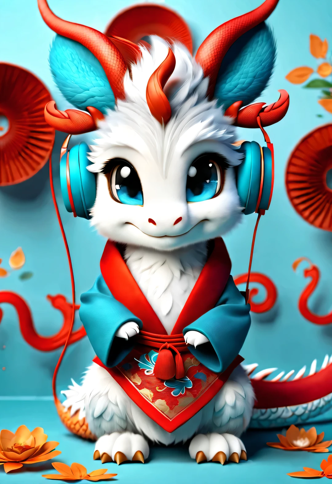 3d rendering, realistic fur, red wallpaper, Simple modern style, beautiful wallpaper, magazine design style, portrait, half body portrait,
Cute zodiac dragons, Personified as a cute little dragon, Smiling mischievously while wearing big blue headphones. it has a slightly tilted head, big blue eyes, Wearing red Hanfu with orange fur. (Wearing earphones), (looking at camera), Traditional clothing combined with modern equipment, (background: Many colorful notes are dancing: 0.65),