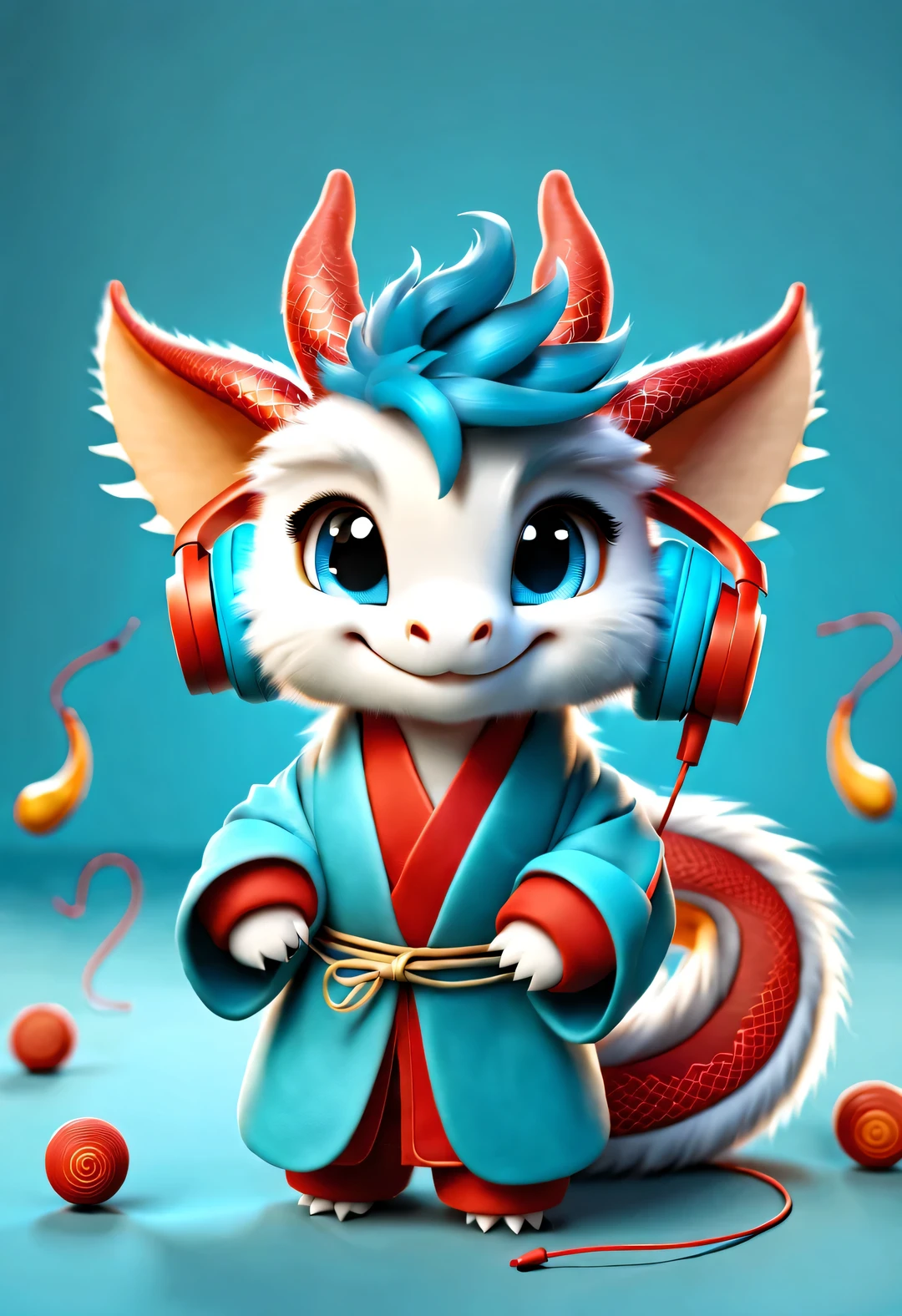 3d rendering, realistic fur, red wallpaper, Simple modern style, beautiful wallpaper, magazine design style, portrait, half body portrait,
Cute zodiac dragons, Personified as a cute little dragon, Smiling mischievously while wearing big blue headphones. it has a slightly tilted head, big blue eyes, Wearing red Hanfu with orange fur. (Wearing earphones), (looking at camera), Traditional clothing combined with modern equipment, (background: Many colorful notes are dancing: 0.65),