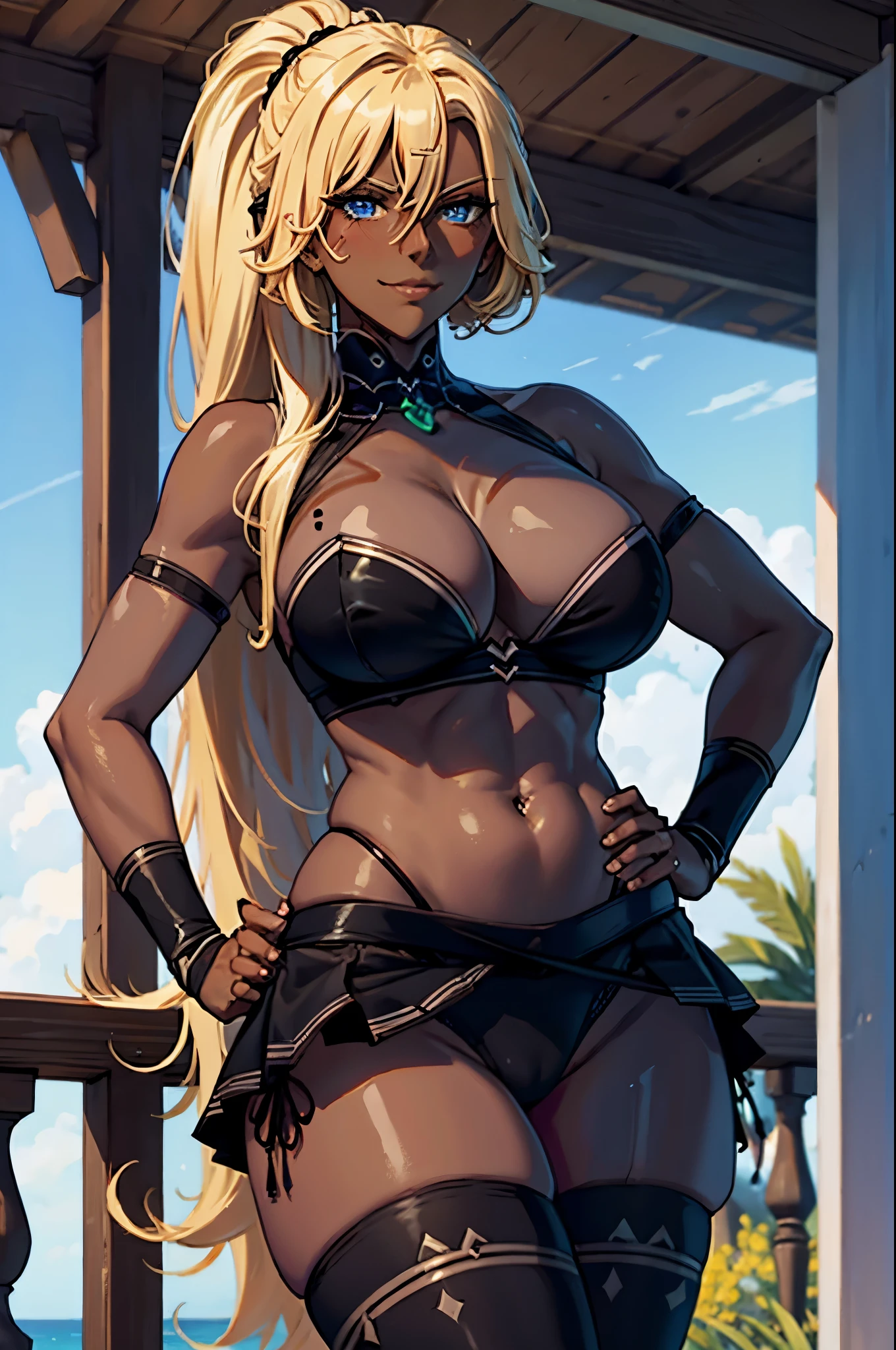 masterpiece, best quality, extremely detailed, 1girl, milf, solo, (dark skin, black skin:2), (huge breasts:1.2), fsrMusashi, ((((blonde hair), long hair, blue eyes))), parted lips, (((bikini, panties, showgirl skirt, thighhighs))), ((blush, naughty smile), closed mouth), ((hands on own hips, rooftop))