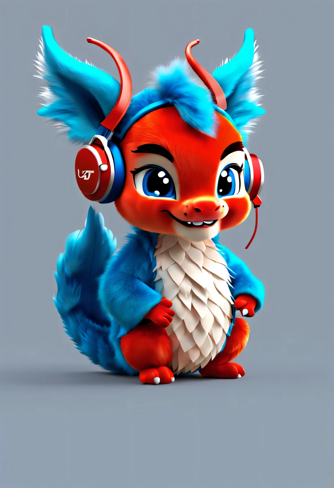 3d rendering，realistic fur，red wallpaper，Simple modern style，beautiful wallpaper，magazine design style，portrait，半身portrait，
（Anthropomorphic zodiac cute little dragon smiling mischievously wearing big blue headphones），It tilted its head slightly，big blue eyes，Wearing orange Hanfu，（wearing headphones），（looking at camera），Traditional clothing combined with modern equipment，（background：Lots of flying colorful notes：0.65），