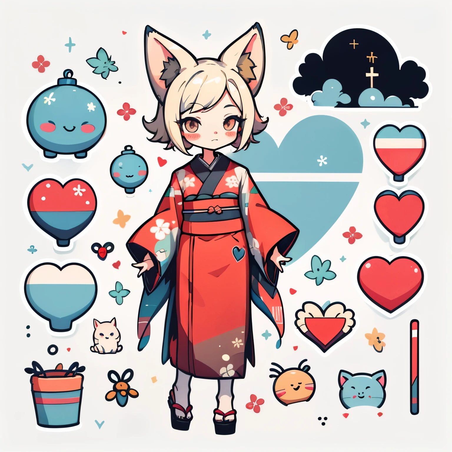 1 sticker, handbook, (Kitsune Girl, model, festive kimono hearts, Cool & Cool), on a white background, simple background, minimal, Cute, tiny, pastel color, vector style, No gradient,