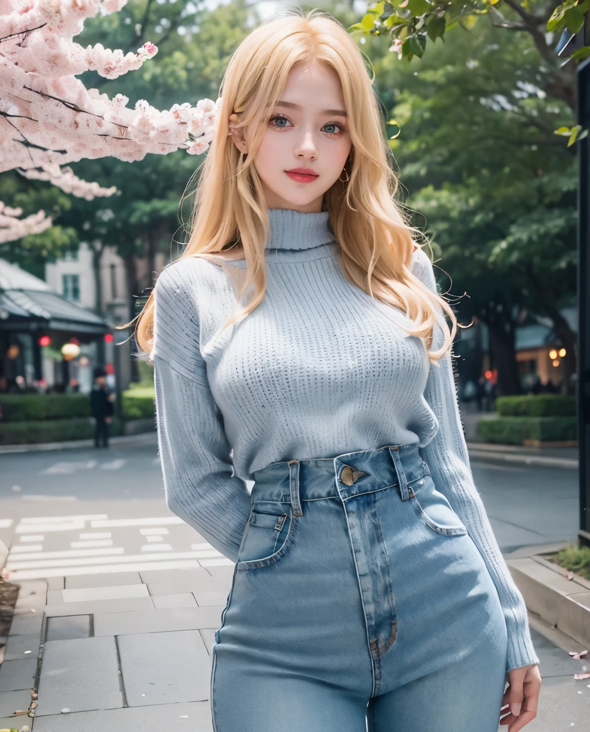 1girl, Blue eyes, (smile), (Sana Minatozaki), wide hips, Big , (big ass :1.1), (Best Quality, 8k, Masterpiece: 1.3), perfect hands, Clear Focus: 1.2, Perfect Body Beauty: 1.4, Highly detailed face and skin texture, detailed eyes, double eyelids, red lips, (blonde long hair), (fitted sweater), (jeans), walking, in a sakura park