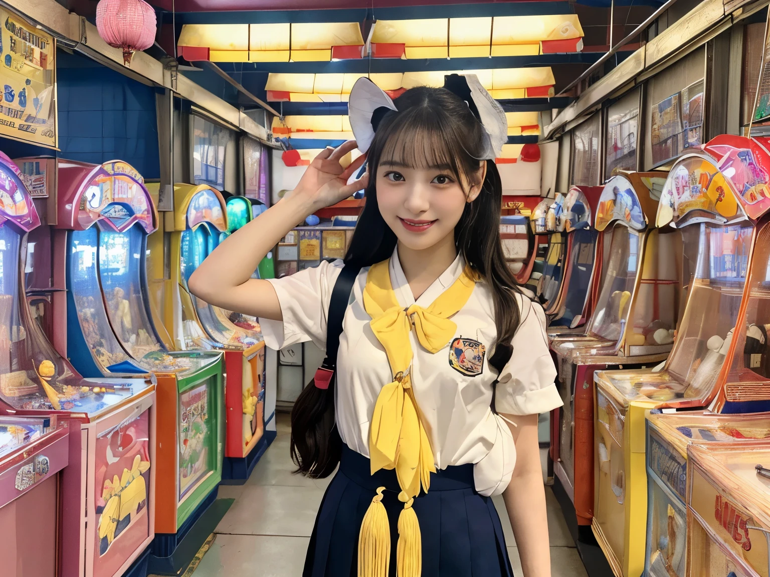 (8K, highest quality, masterpiece, ultra high resolution, super detailed:1.2) , Photo of Pretty Japanese girls,(mikey&#39;s ears:1.2),school uniform,smile and smile,
, (18-year-old:1.1), japanese idol,In the game center,(((A passageway with crane games on both sides))),Mainly stuffed animal crane games,UFO Catcher