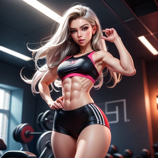A women wearing sports bra and shorts, taking selfie in mirror, silver hair, pony tail, nose, almond shape eyes, black eyes, big breast, slim waist, perfect shape body, six pack abs, navel , perfect shape ass, hourglass shape figure, natural skin texture, sweating, side view, gym background, masterpiece quality, UHD, super detailed image, High quality image, sharp image, sharp focus, ultra resolution, ultra detailed image, high resolution, 32k, 64k