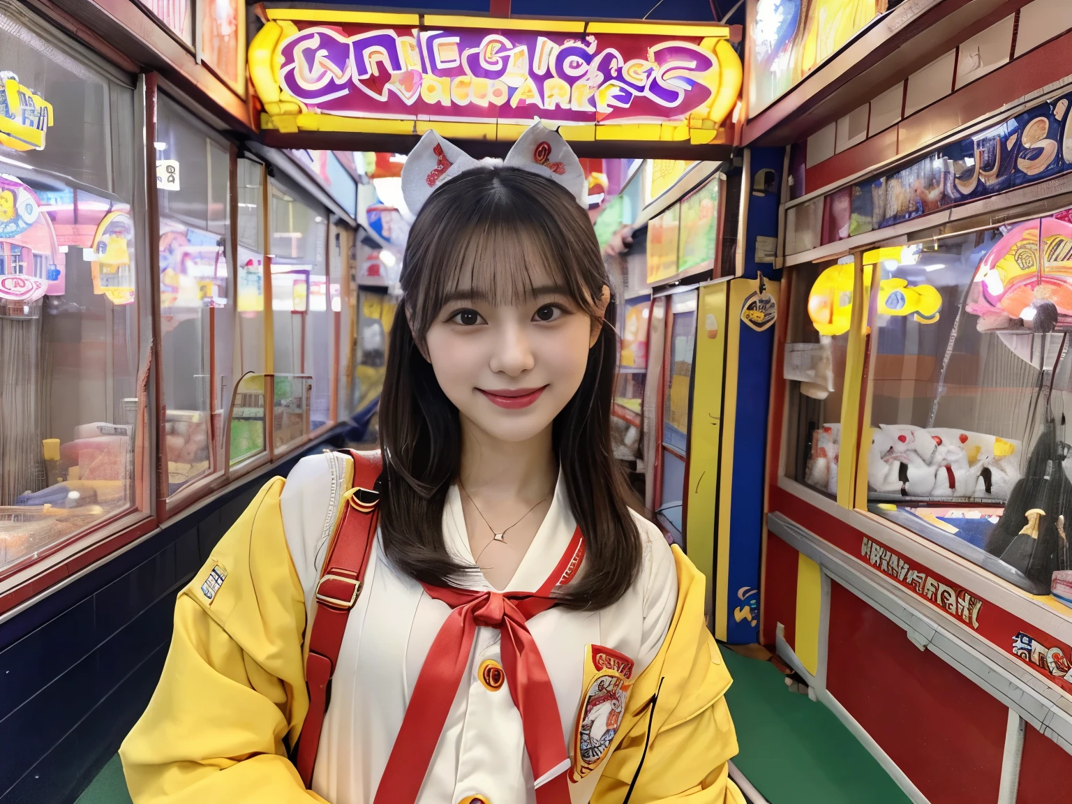 (8K, highest quality, masterpiece, ultra high resolution, super detailed:1.2) , Photo of Pretty Japanese girls,(mikey&#39;s ears:1.2),school uniform,smile and smile,
, (18-year-old:1.1), japanese idol,In the game center,(((A passageway with crane games on both sides))),Mainly stuffed animal crane games,UFO Catcher