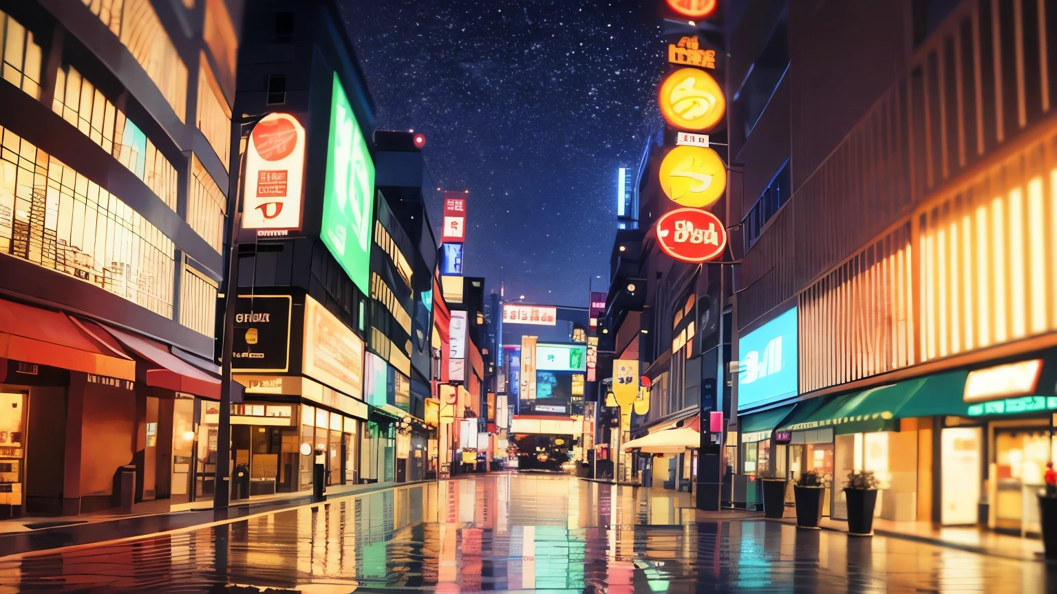 The background is a blurred night city、Shopping Street