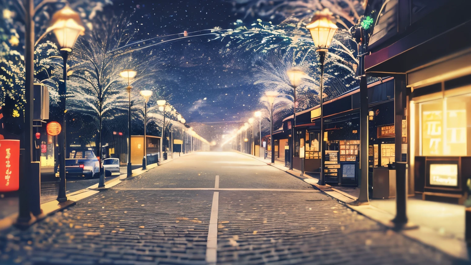 The background is a blurred night city、Shopping Street