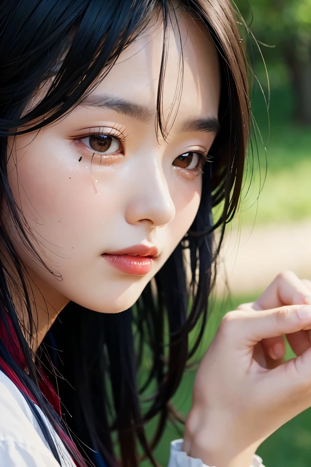 (Asian lady, face close-up: 1.2), (realistic, photorealistic: 1.3), tear instead of blood, crying, (highest quality), (ultra-detailed, extremely detailed CG unified 8K wallpaper), high resolution, depicting a moment of deep emotion, pure and authentic, (gentle and delicate facial features: 1.5), soft shadows accentuating the curves of her face, (realistic style: 1.1), sensitive and heartfelt, (sympathetic and emotional background music: 1.2), (vibrant, rich colors: 1.4), focusing on the intricacies of