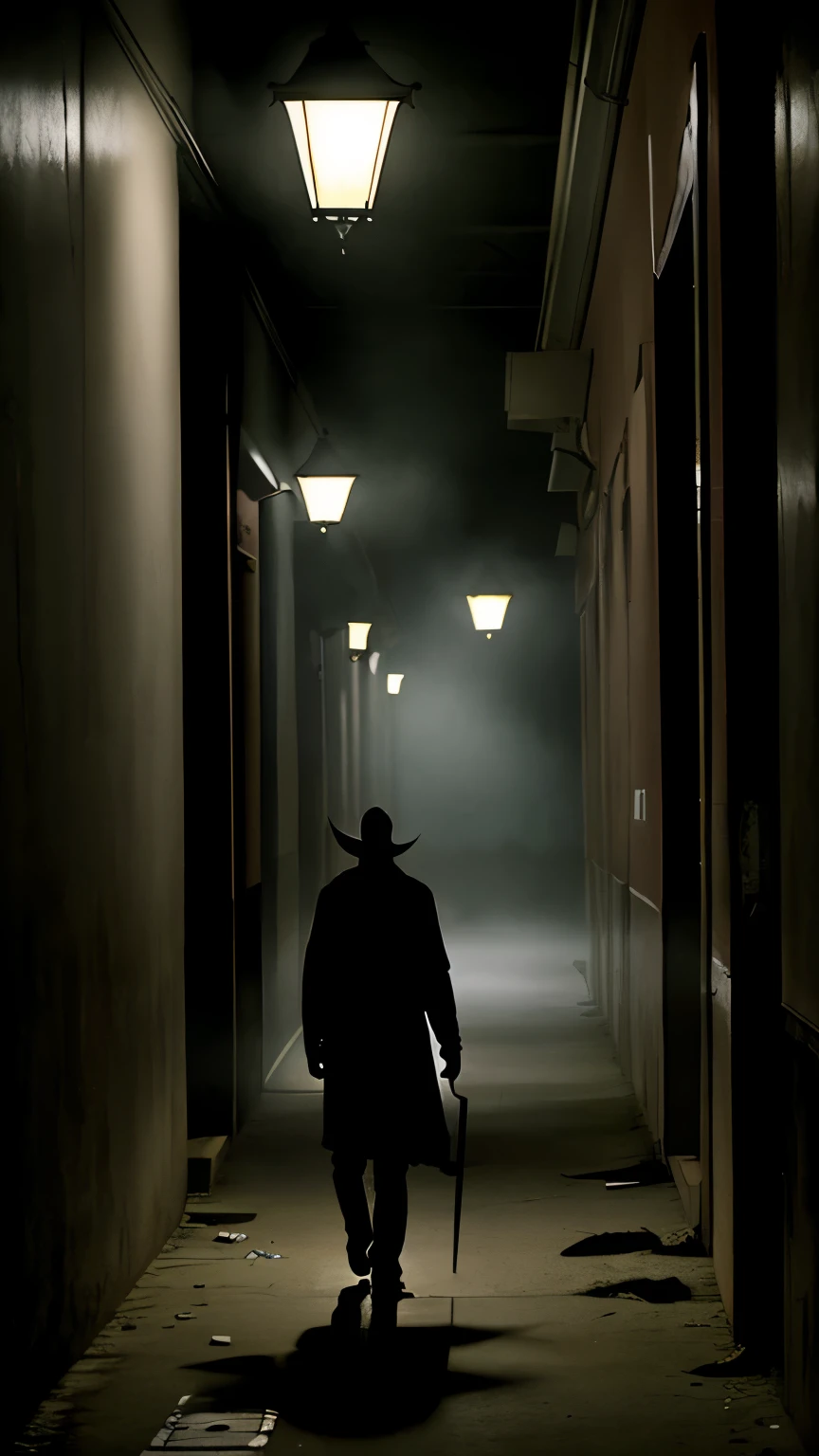 Illustrate the night scene at Paraná College with the watchman walking through the deserted corridors, highlighting the dense fog and grotesque shadows around.